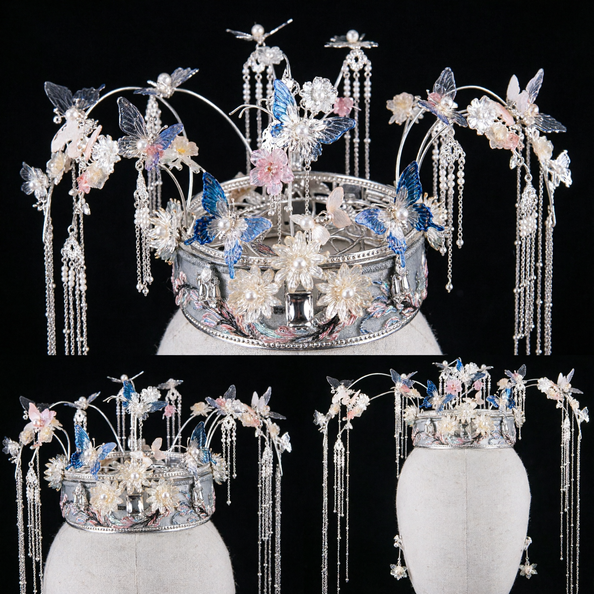 Coroa de Cabelo Nupcial Chinês Tradicional Prata com Borboleta e Fênix, Arranjo de Cabeça com Longas Borlas para Casamento Hanfu - Asian Costume