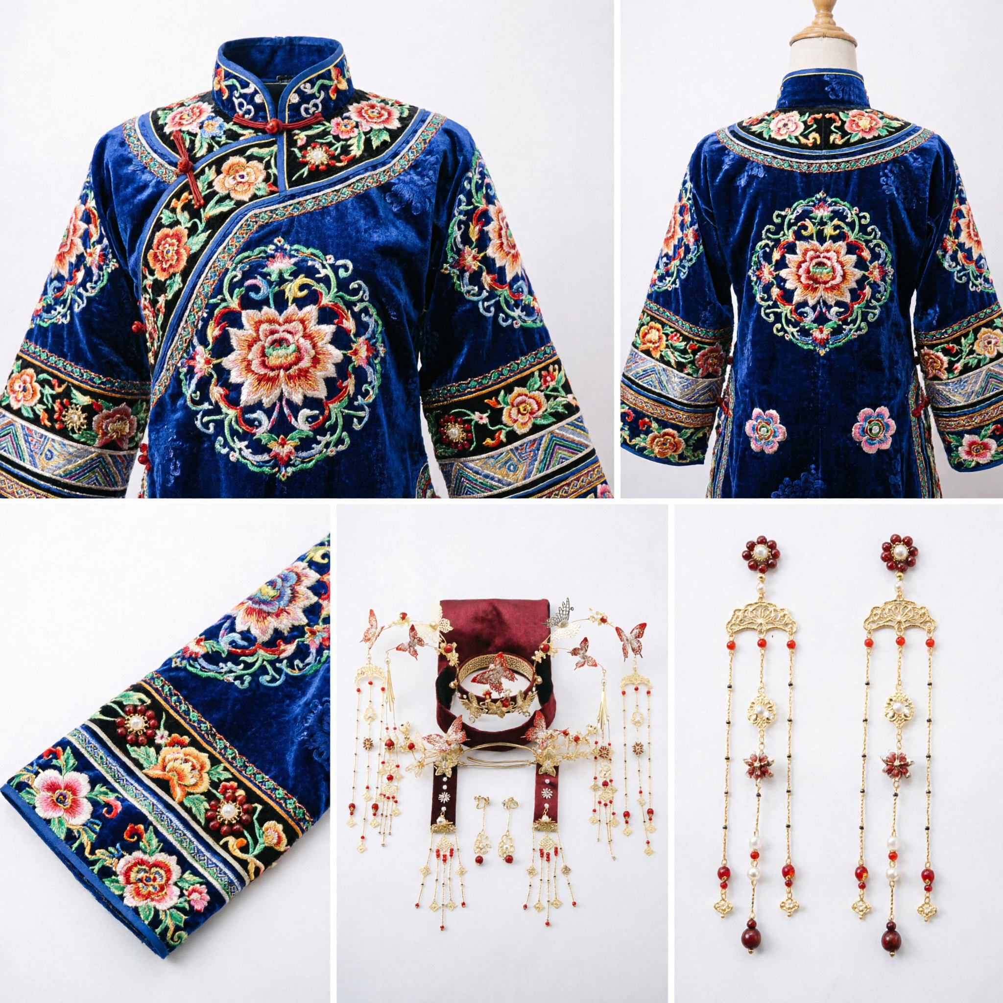 Juego de Accesorios para el Cabello Chino Tradicional Antiguo, Tocado Rojo y Dorado con Mariposas y Borlas para Novia de Hanfu - Asian Costume