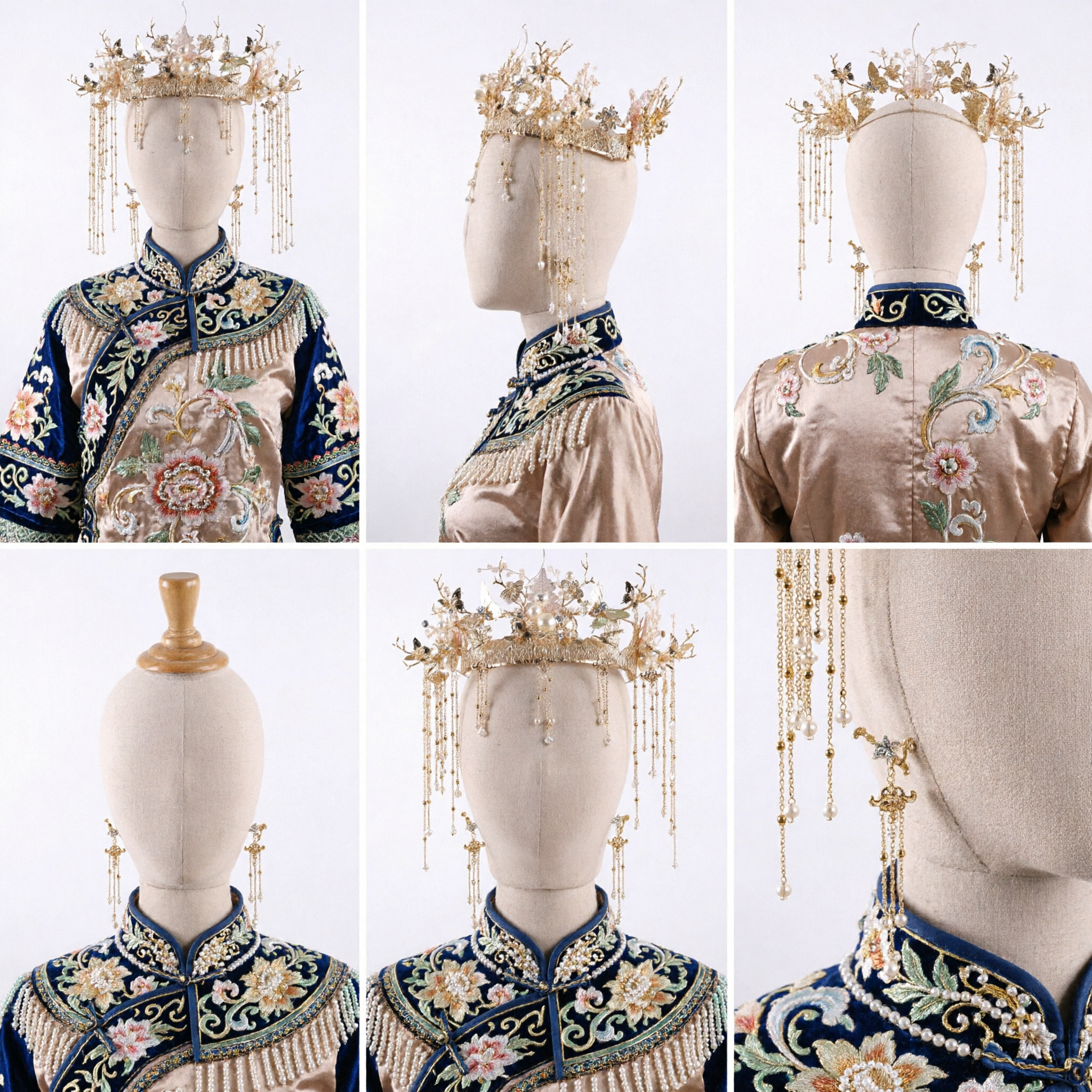 전통 중국 한푸 머리 장식 금빛 봉황 관 웨딩 신부 머리 장식 진주와 나비 장식 여성용 - Asian Costume