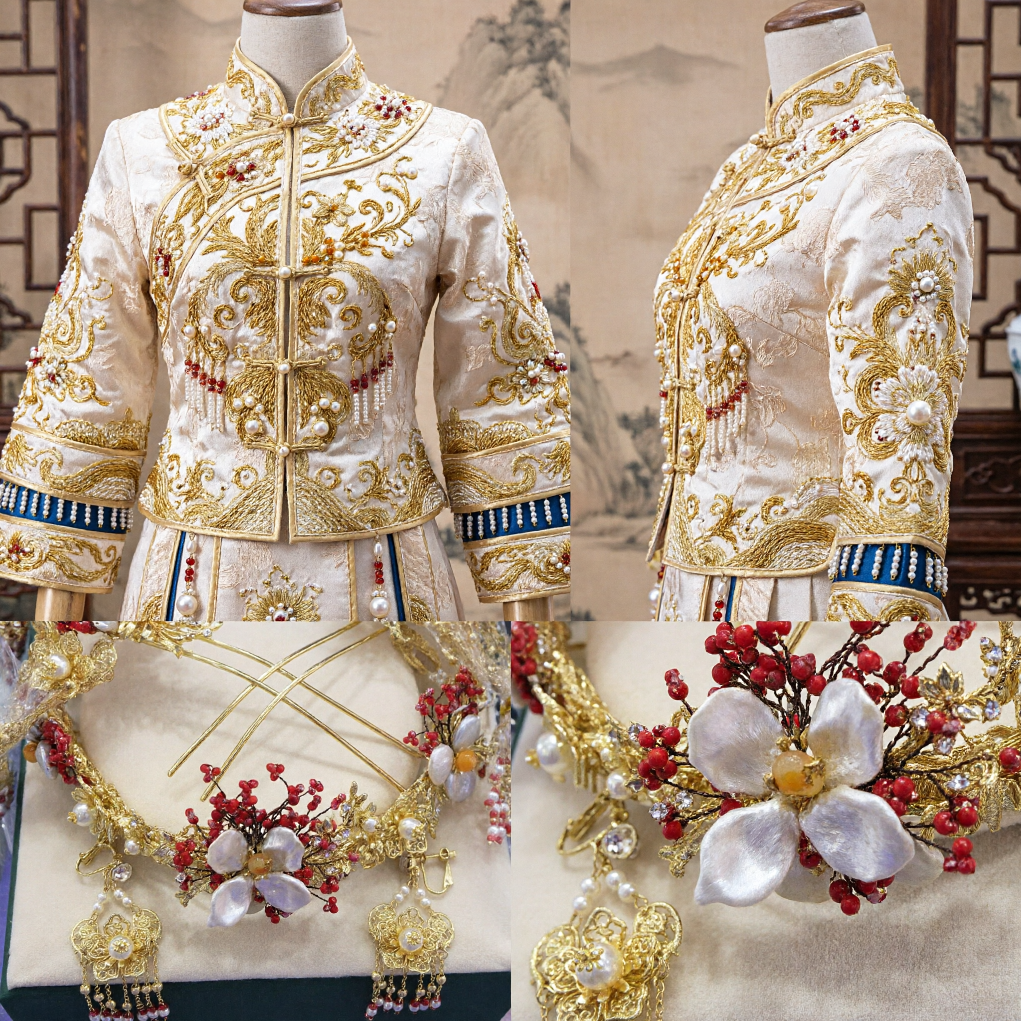 Traditioneel Chinees Bruiloft Haaraccessoireset Gouden Filigraan Kroon met Rode Bessen en Parels voor Hanfu Bruiden - Asian Costume