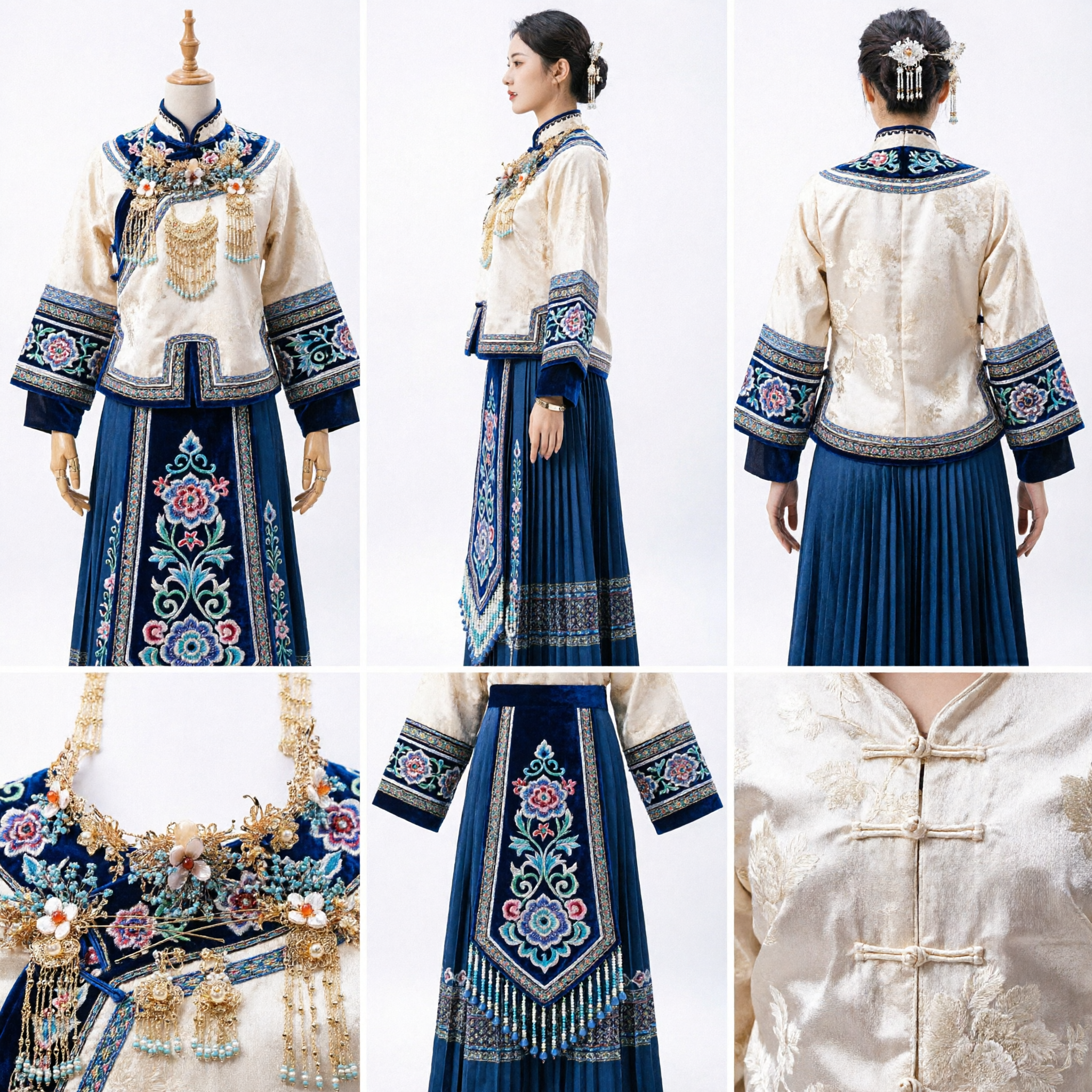 中国伝統 漢服 ジュエリーセット 金青花簪 ネックレス イヤリング ウェディング 花嫁用 - Asian Costume