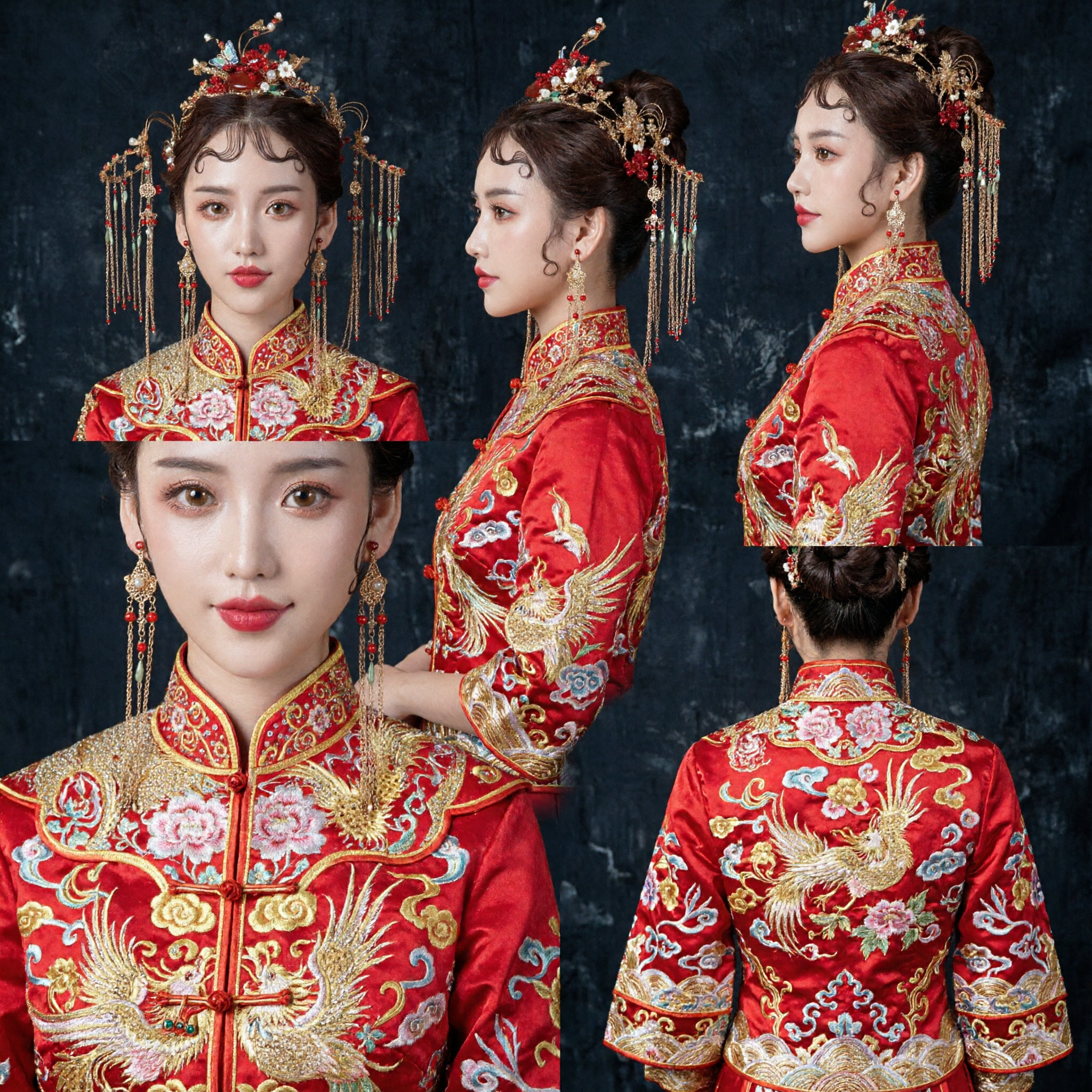 중국 전통 웨딩 머리 장식 금빛 나비 머리 관 장신구 신부 수허푸 한푸 액세서리 드리움 포함 - Asian Costume