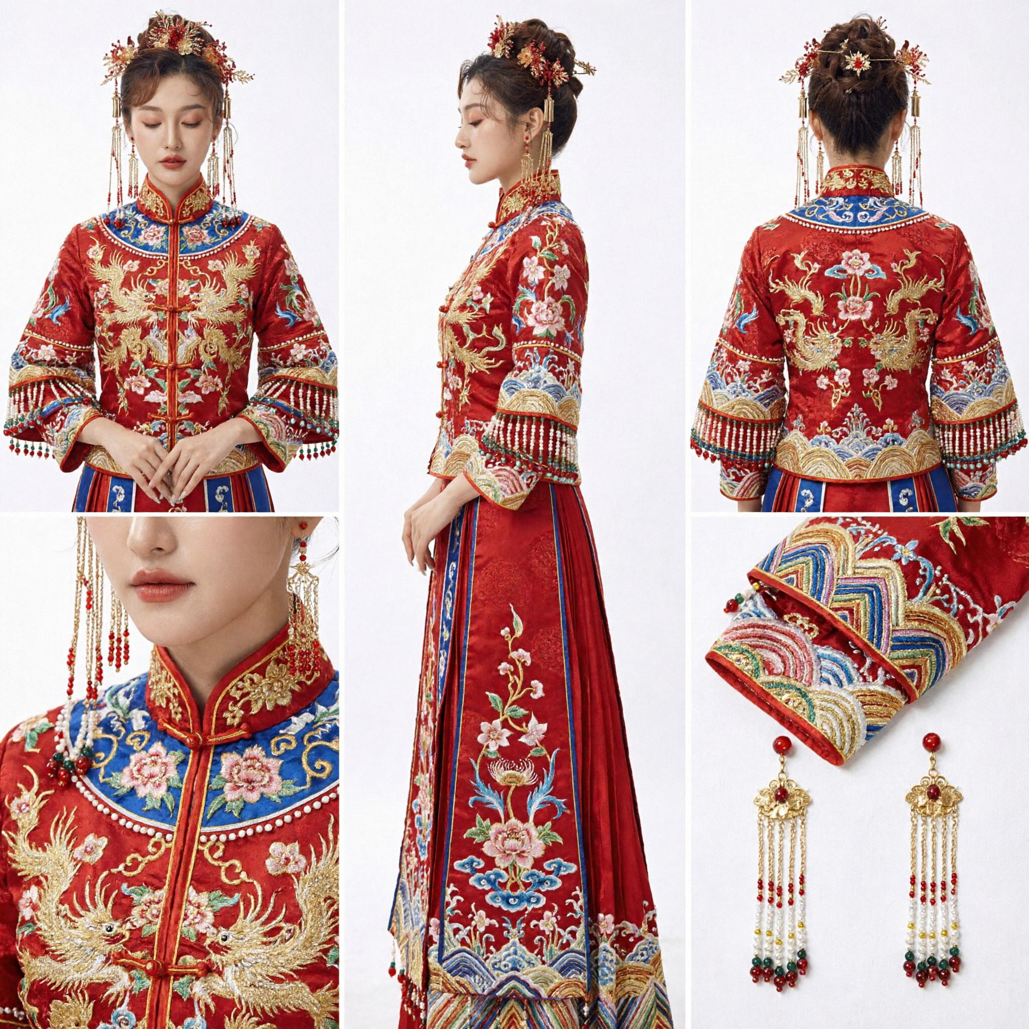 Acessórios de Cabelo para Casamento Chinês Tradicional, Arranjo de Cabeça Coroa de Fênix Vermelha e Dourada para Noiva, Traje Xiuhe Hanfu - Asian Costume