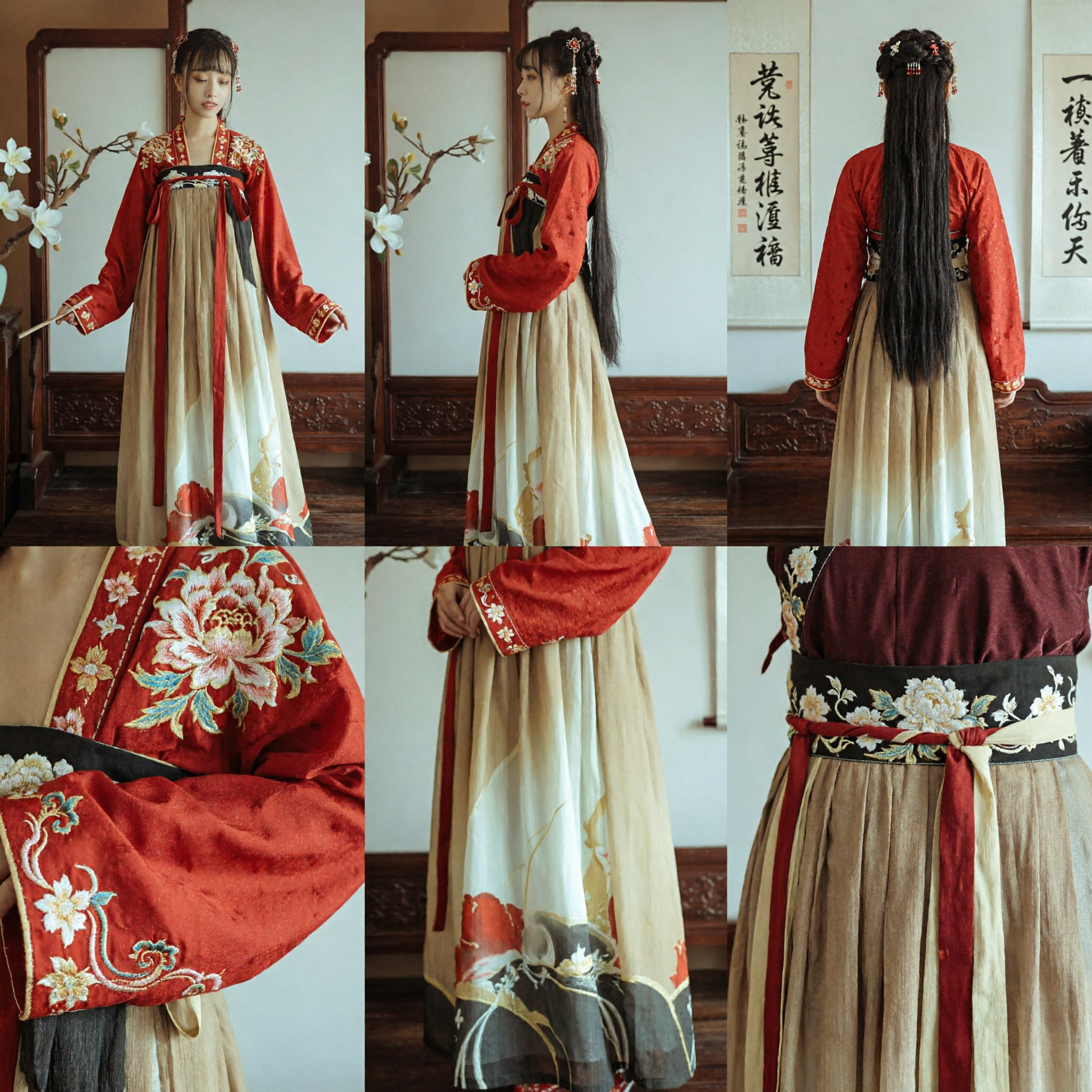 Traditionelles chinesisches Tang-Dynastie Hanfu-Kostüm Rotes besticktes Oberteil und langer Rock-Set für Frauen - Asian Costume