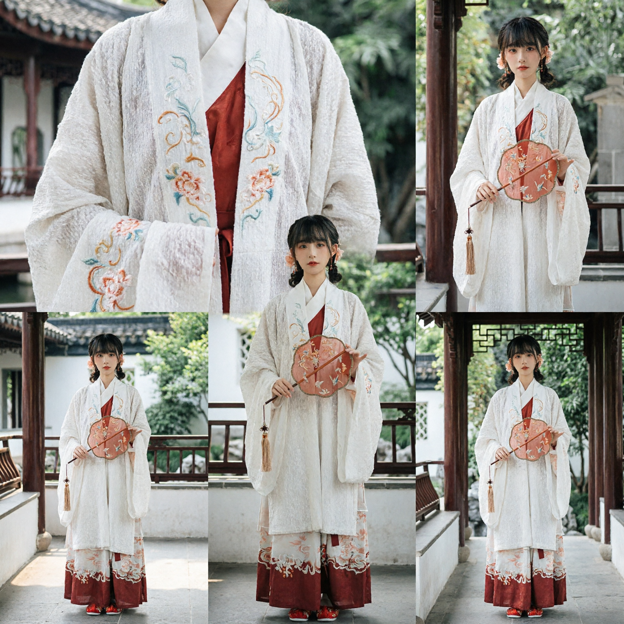 Elegantes weißes traditionelles chinesisches Hanfu für Frauen Antikes besticktes Gewand Kostümset mit Rundfächer - Asian Costume