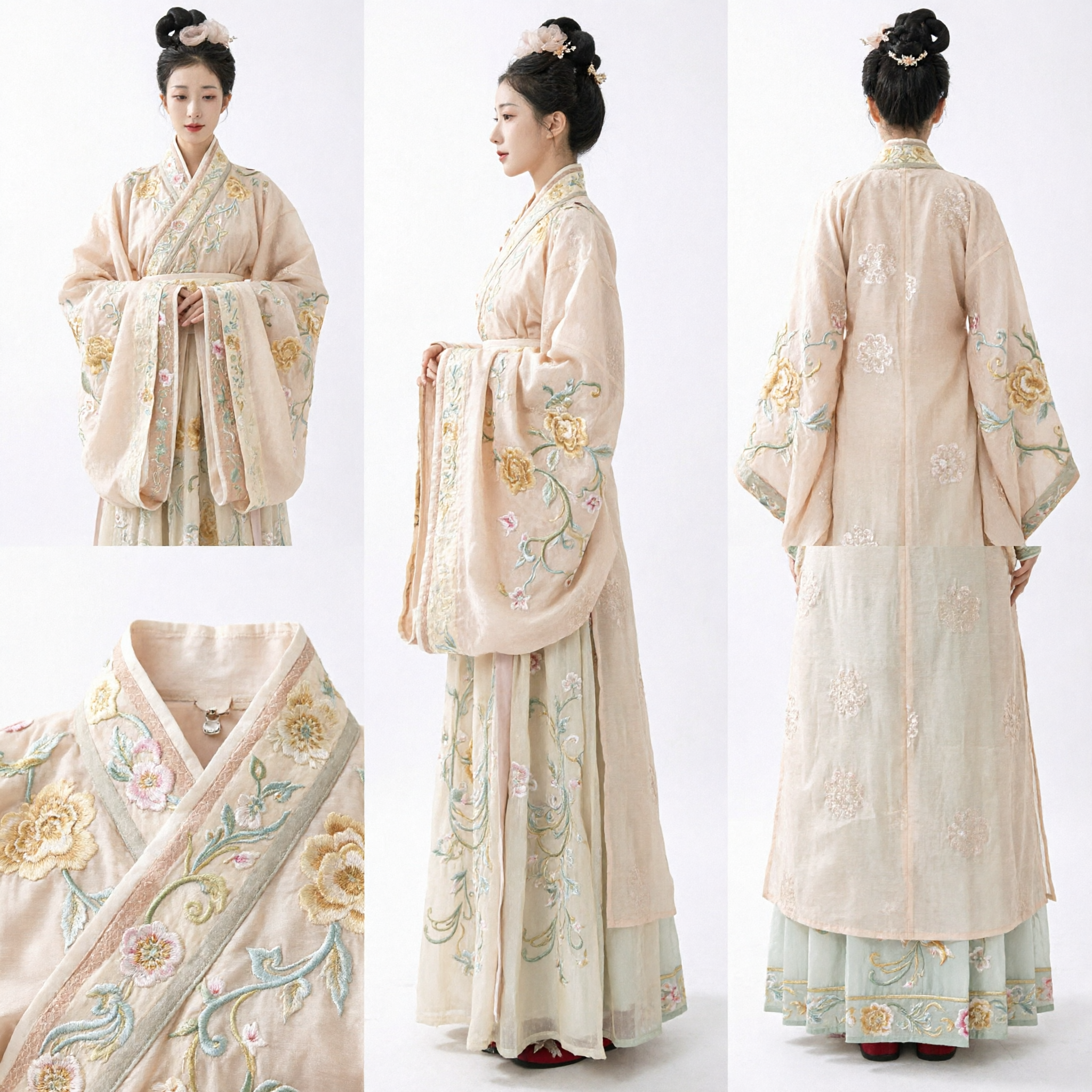Elegantes traditionelles chinesisches Hanfu-Kleid Besticktes Blumen-Gewand Antikes Kostüm für Frauen Historisch - Asian Costume