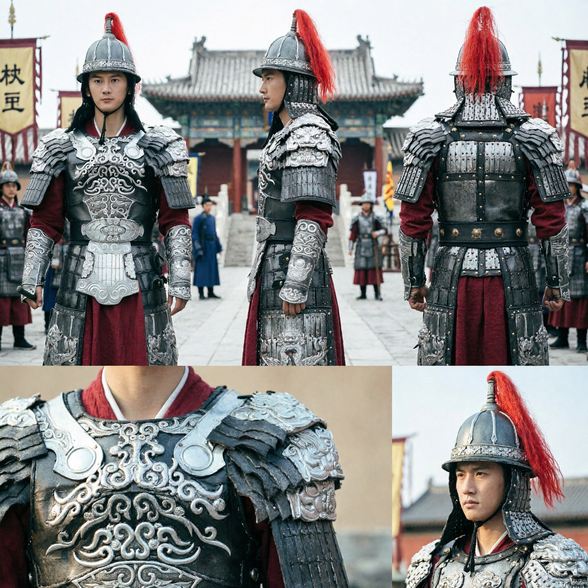 Herren Chinesisches antikes General-Rüstungskostüm Silberne Schuppen-Krieger-Outfit mit Helm für Historisches Cosplay Auftritt - Asian Costume