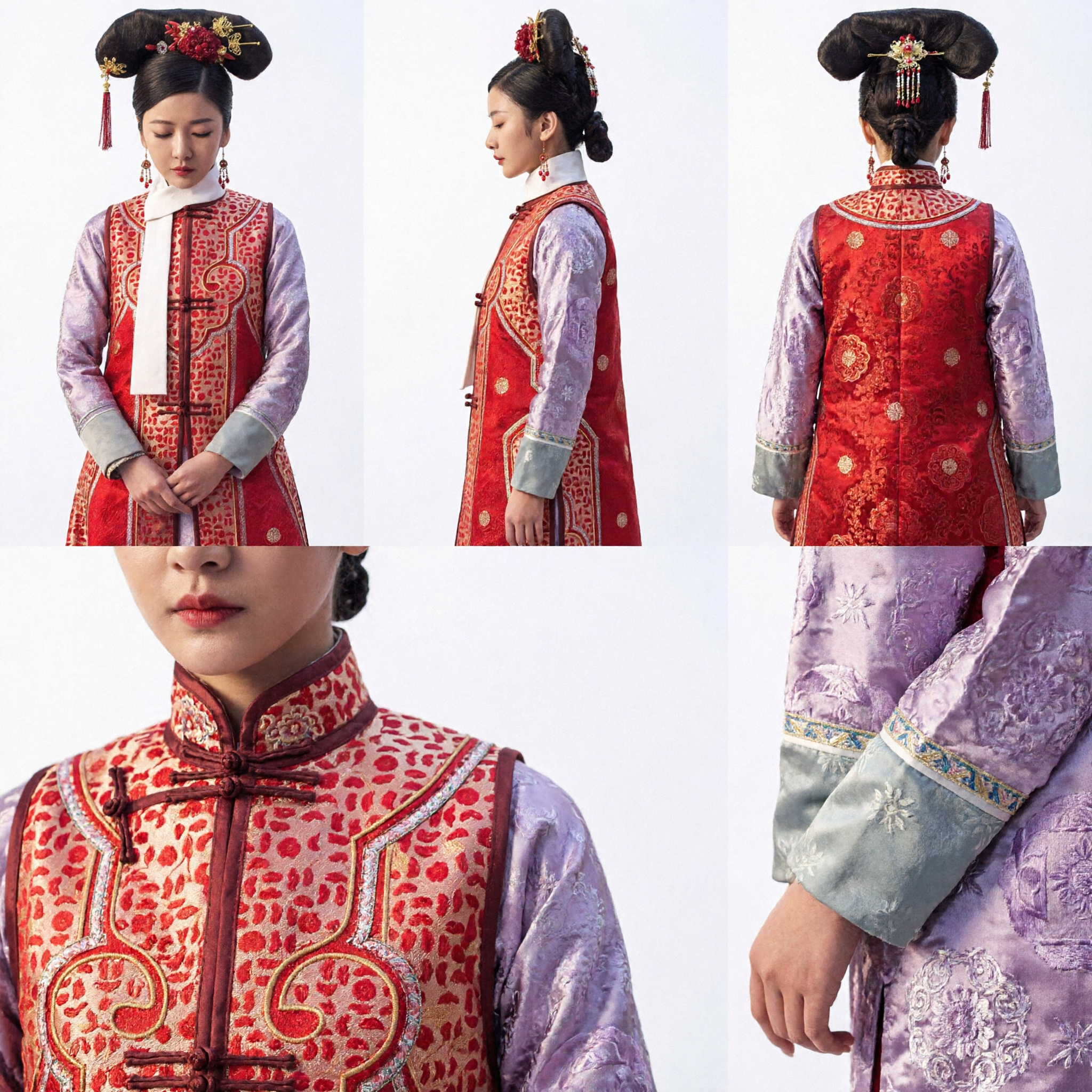 Traje de Princesa Manchu da Dinastia Qing Tradicional Chinês, Colete Vermelho Bordado e Robe Roxo, Traje Antigo de Palácio para Mulheres - Asian Costume