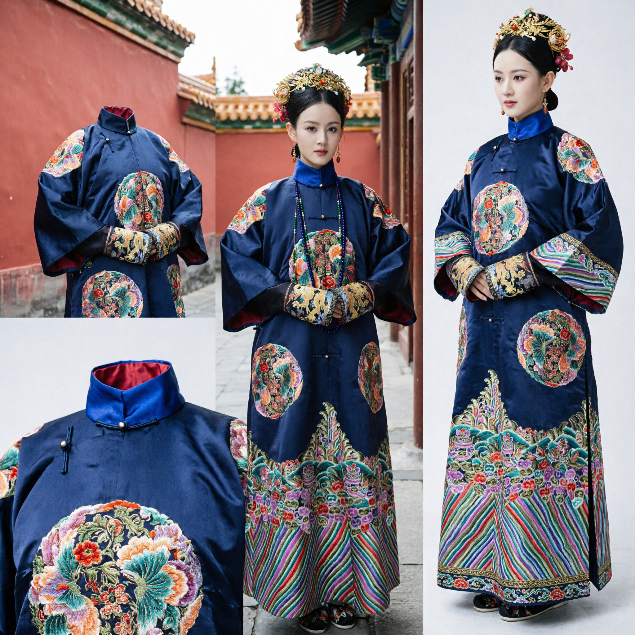 伝統的中国 清朝 満州族皇后衣装 青い刺繍龍ローブ 女性用 歴史的コスプレ - Asian Costume