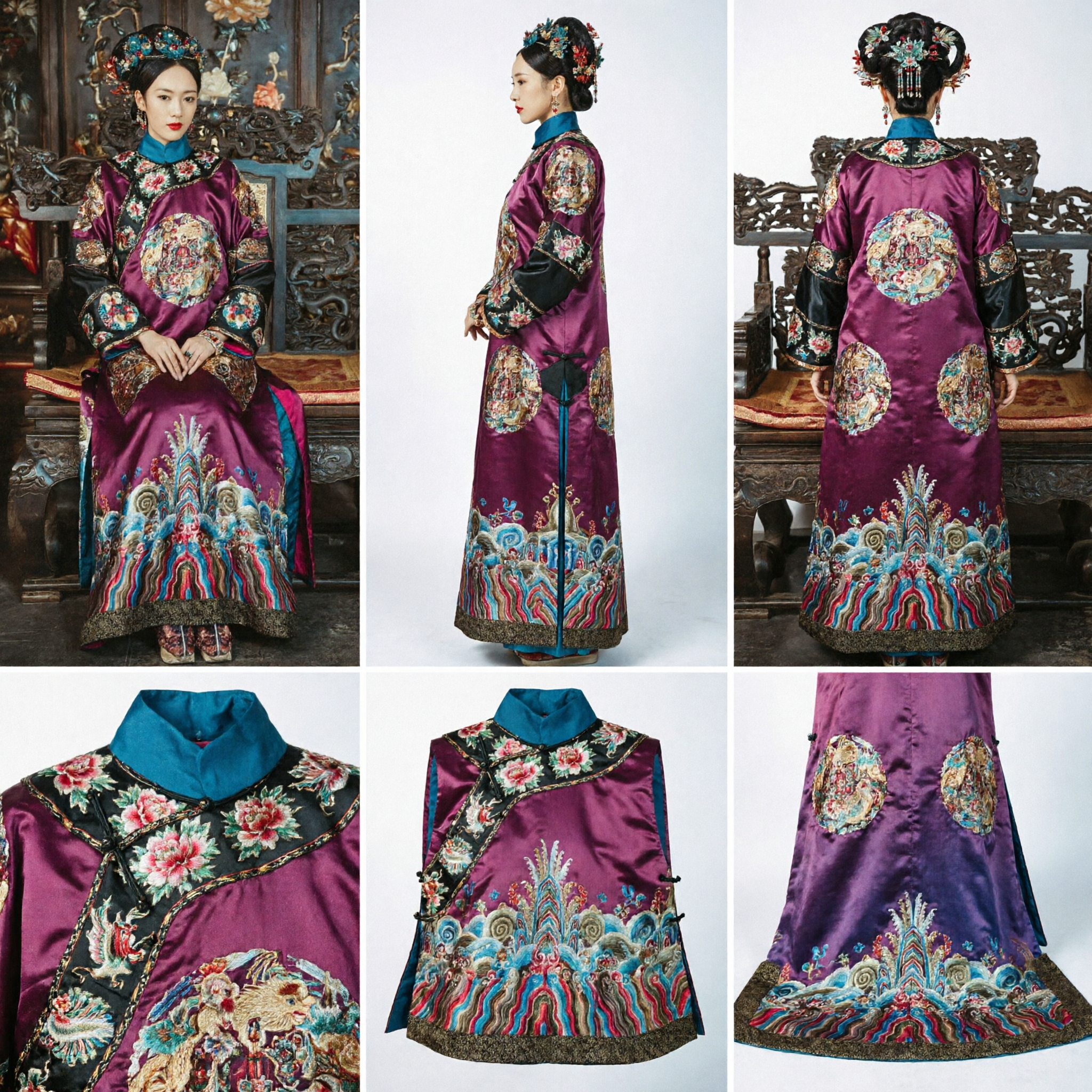 古代中国 清朝 皇后衣装 紫刺繍龍ローブ 伝統的宮廷ドレス 女性用 コスプレ - Asian Costume