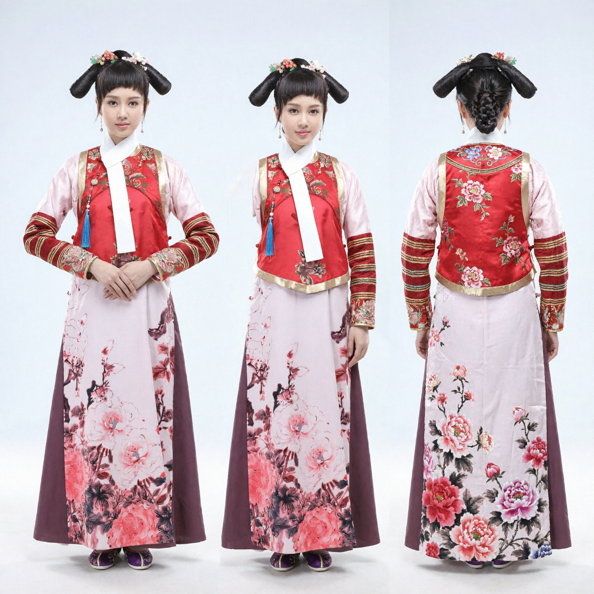 Traje de Dama do Palácio da Dinastia Qing Tradicional Chinês, Vestido Antigo Manchu Bordado em Vermelho para Princesa Hanfu para Mulheres - Asian Costume