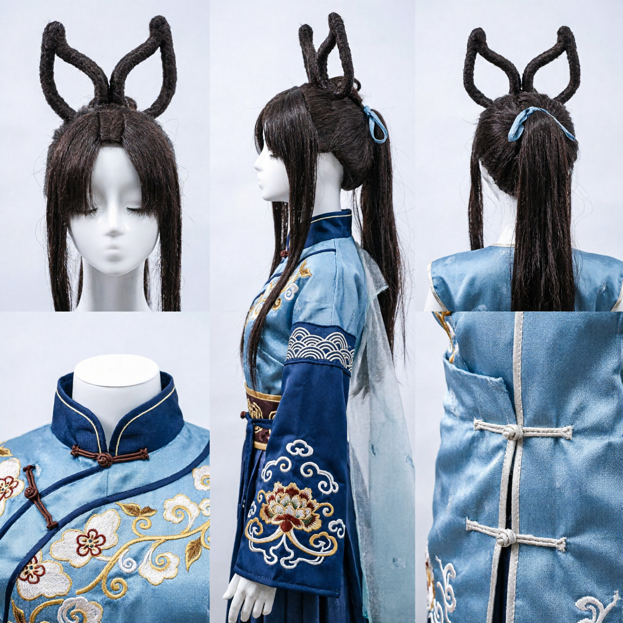 伝統的中国 古代風 黒かつら 二つの輪っかお団子 漢服コスプレ 劇場パフォーマンス用 - Asian Costume