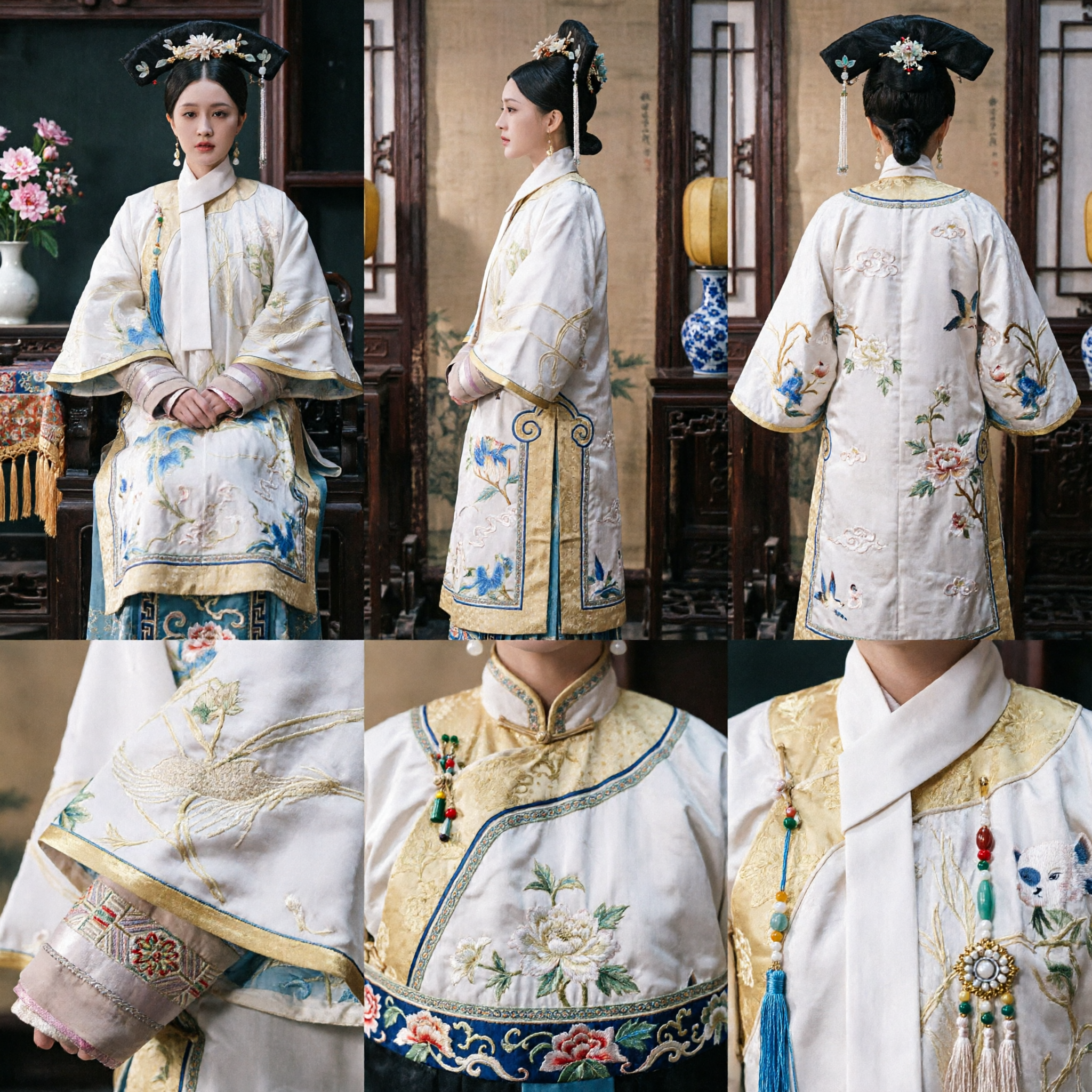 伝統中国 清朝側室衣装 白い花柄刺繍宮廷ローブと髪飾りセット 女性用 - Asian Costume