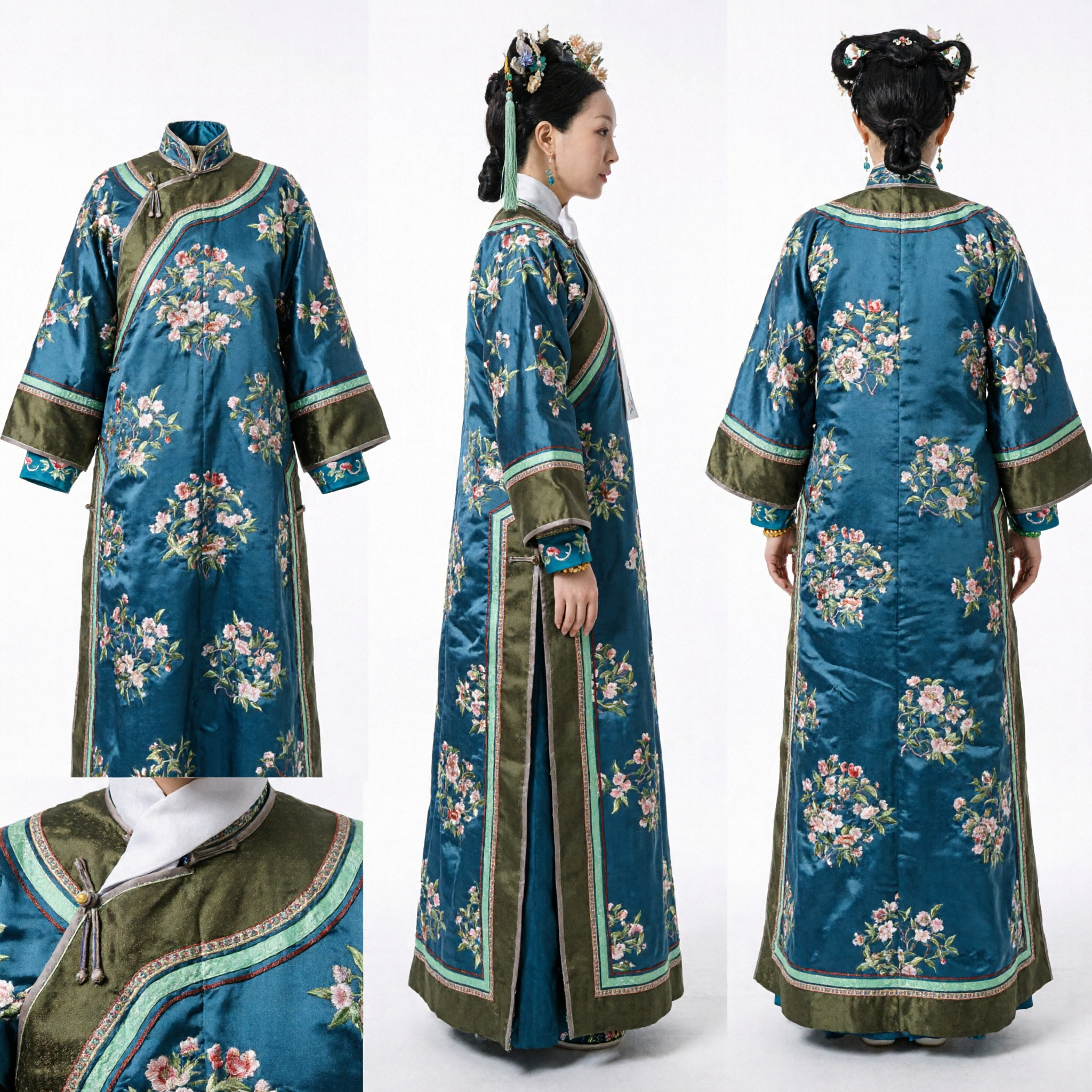 고대 중국 청나라 귀부인 복장 청록색 꽃 자수 만주 로브 (여성 코스프레용) - Asian Costume