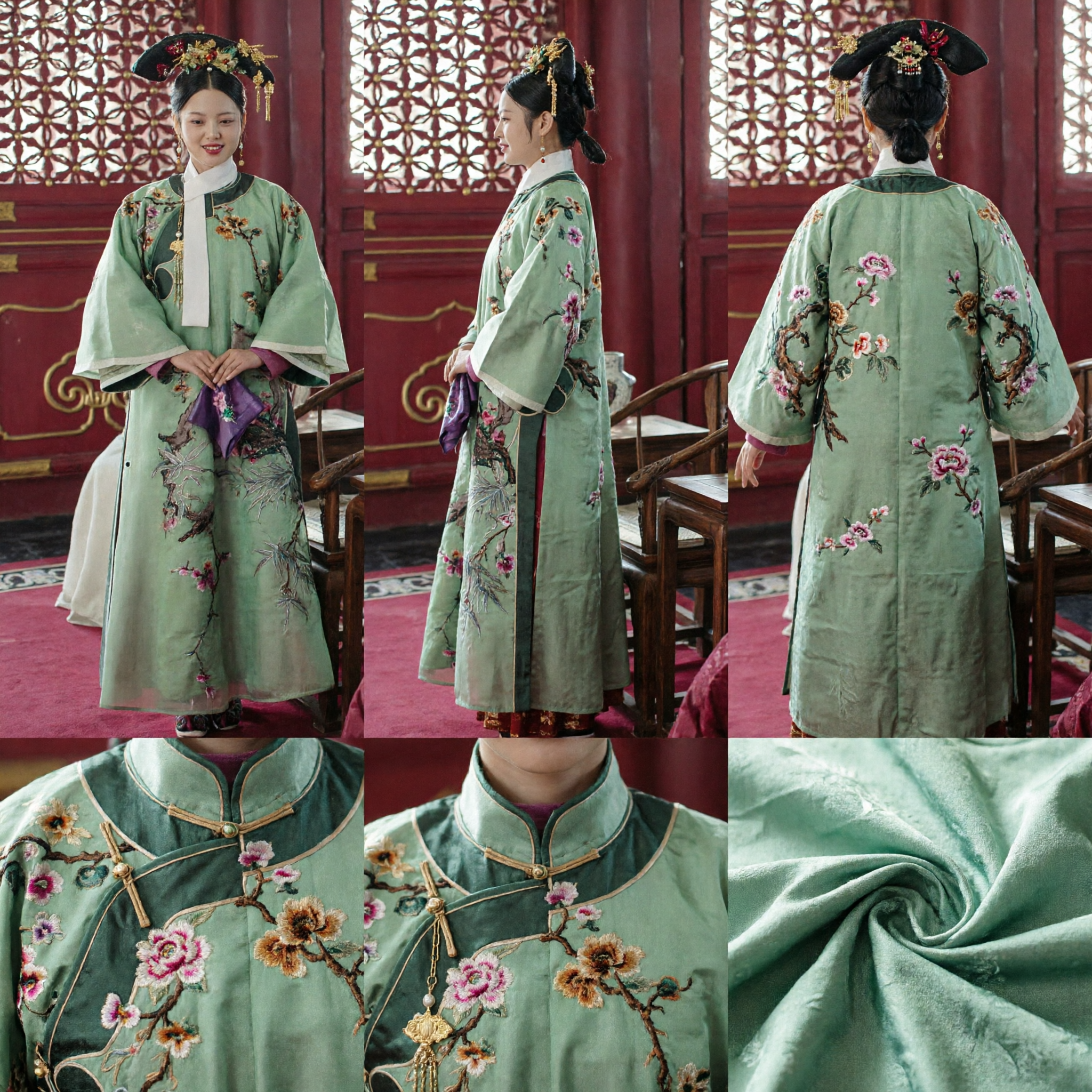 Traditional Chinese Qing Dynasty Green Floral Embroidered Robe Costume for Women Historical Cosplay and Performance - Asian Costume