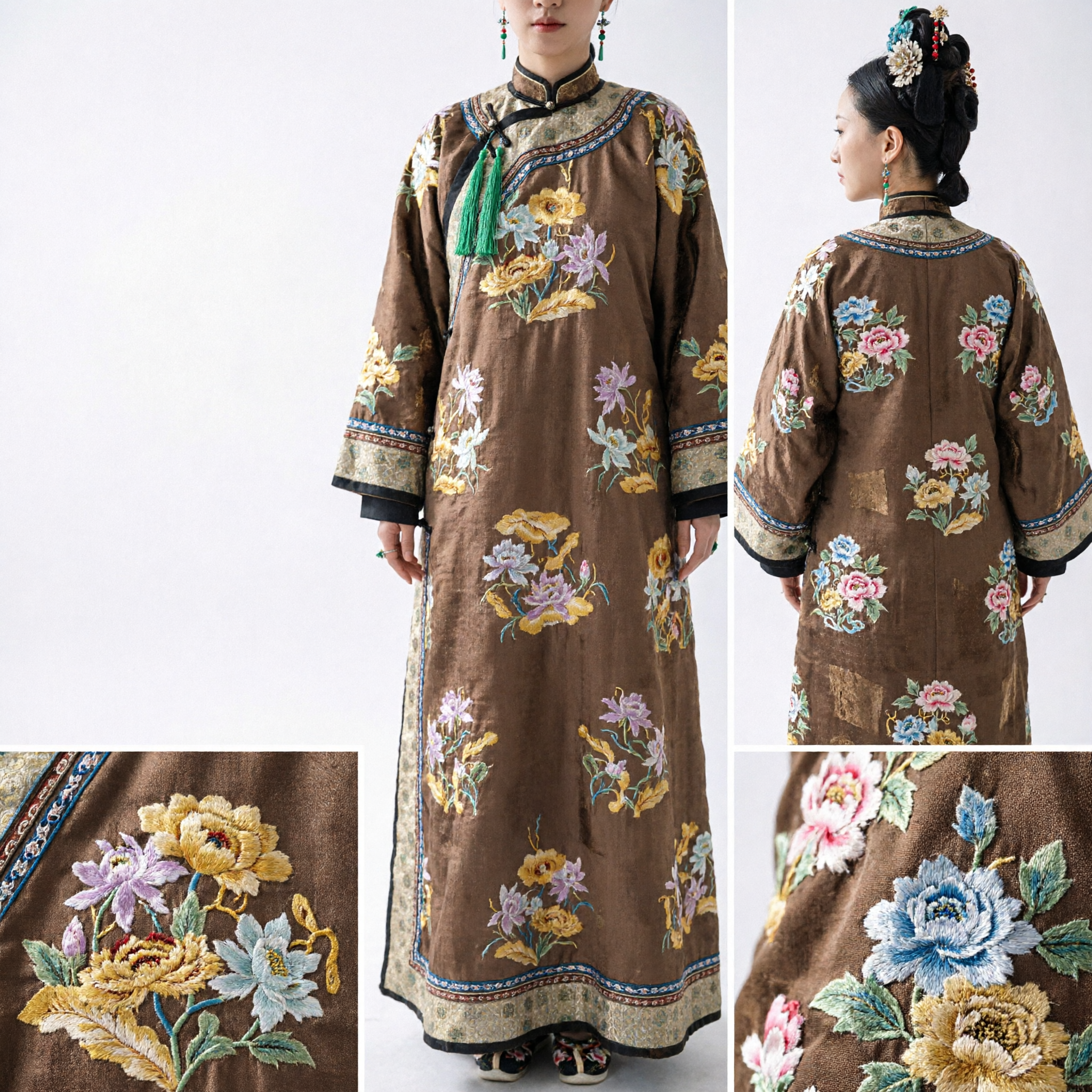 Traditioneel Chinese Qing-dynastie Mantsjoe Geborduurde Bloemen Qizhuang Gewaad Oude Paleisdame Kostuum voor Vrouwen - Asian Costume