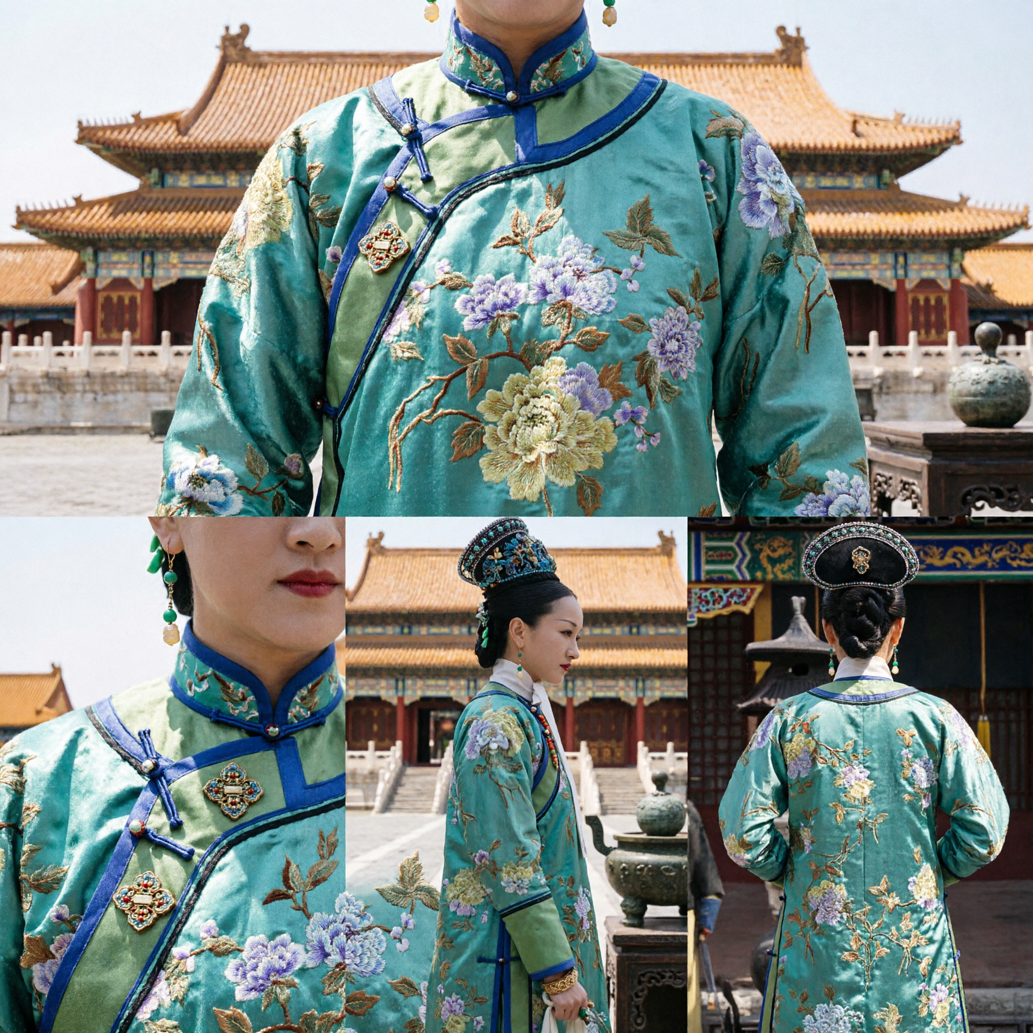 Conjunto de Traje da Concubina Imperial da Dinastia Qing Tradicional Chinesa - Bordado com Flores Verdes para Cosplay Histórico Feminino - Asian Costume