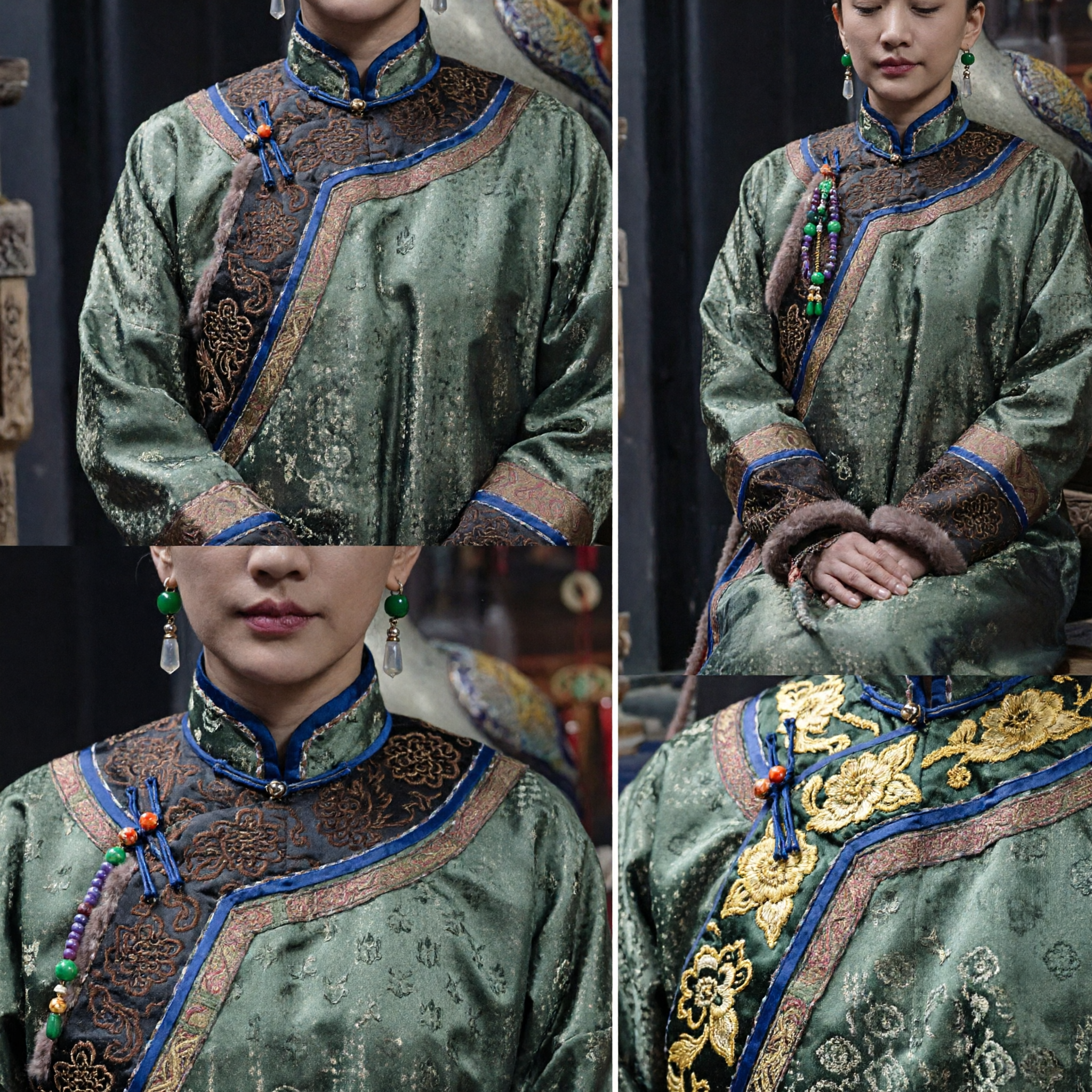 Traje de Concubina Imperial de la Dinastía Qing Tradicional China - Túnica de Seda Verde con Cuello de Piel para Cosplay Femenino - Asian Costume
