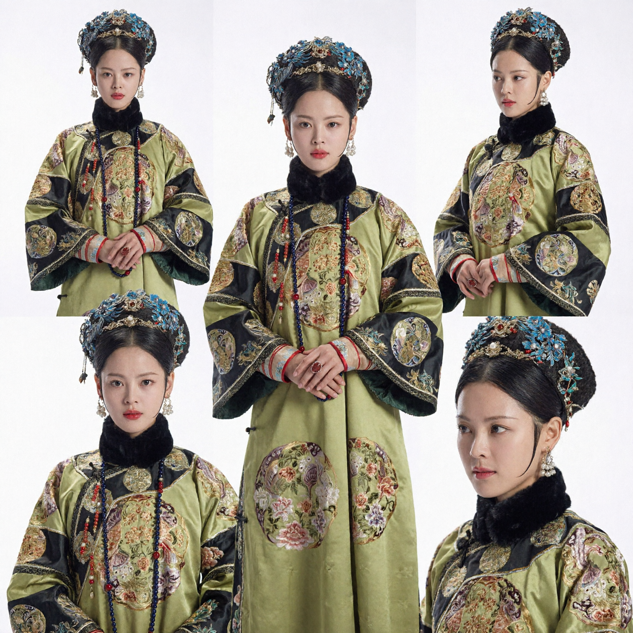 Ancient Chinese Qing Dynasty Green Embroidered Manchu Noblewoman Costume with Headdress for Women Cosplay - Asian Costume