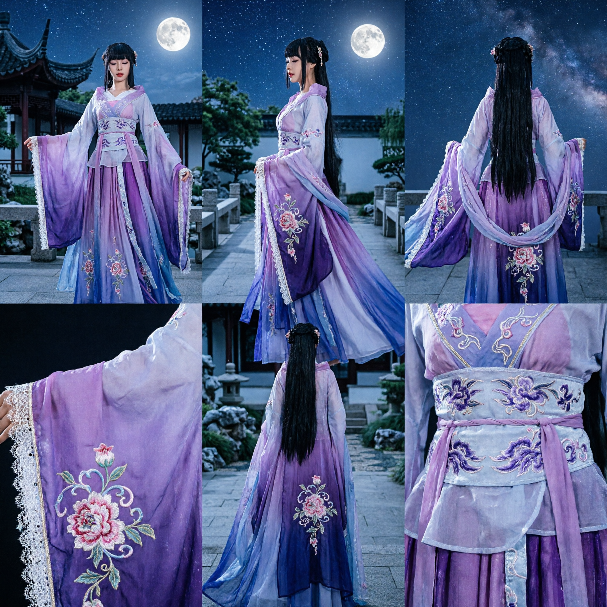 Antikes chinesisches Hanfu lila Farbverlauf Feenkleid besticktes Langarm-Kostüm für Frauen Cosplay - Asian Costume