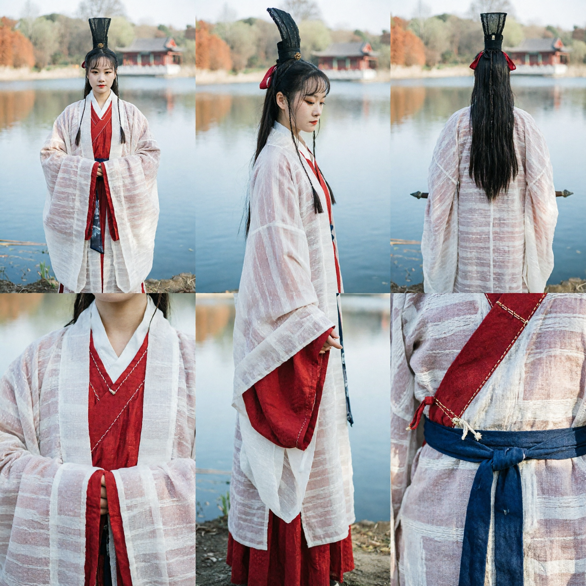Traje Hanfu de Espadachina Antigua Tradicional China Bata a Rayas Blancas con Vestido Rojo para Cosplay de Mujeres - Asian Costume