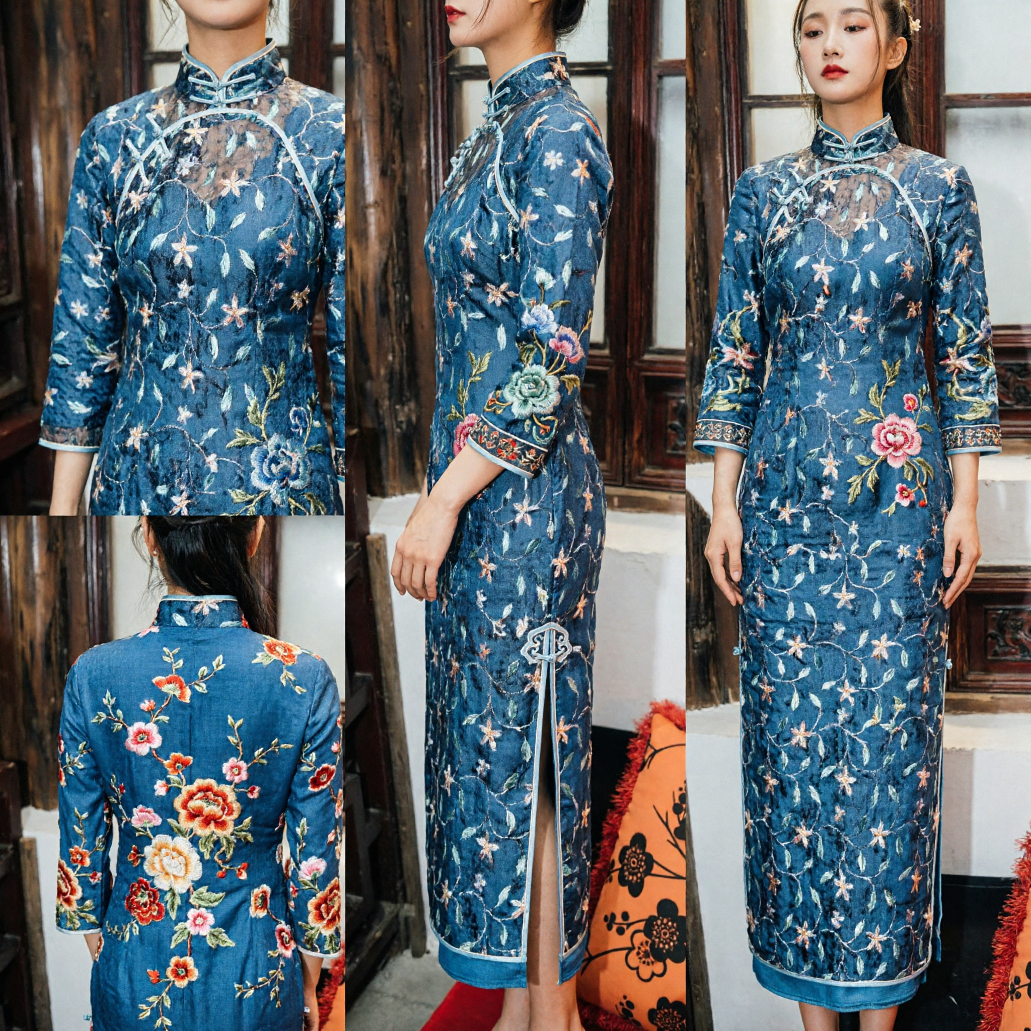 Elegancka niebieska suknia Cheongsam Qipao z koronkowym kwiatowym haftem, tradycyjna chińska vintage suknia dla kobiet na specjalne okazje - Asian Costume
