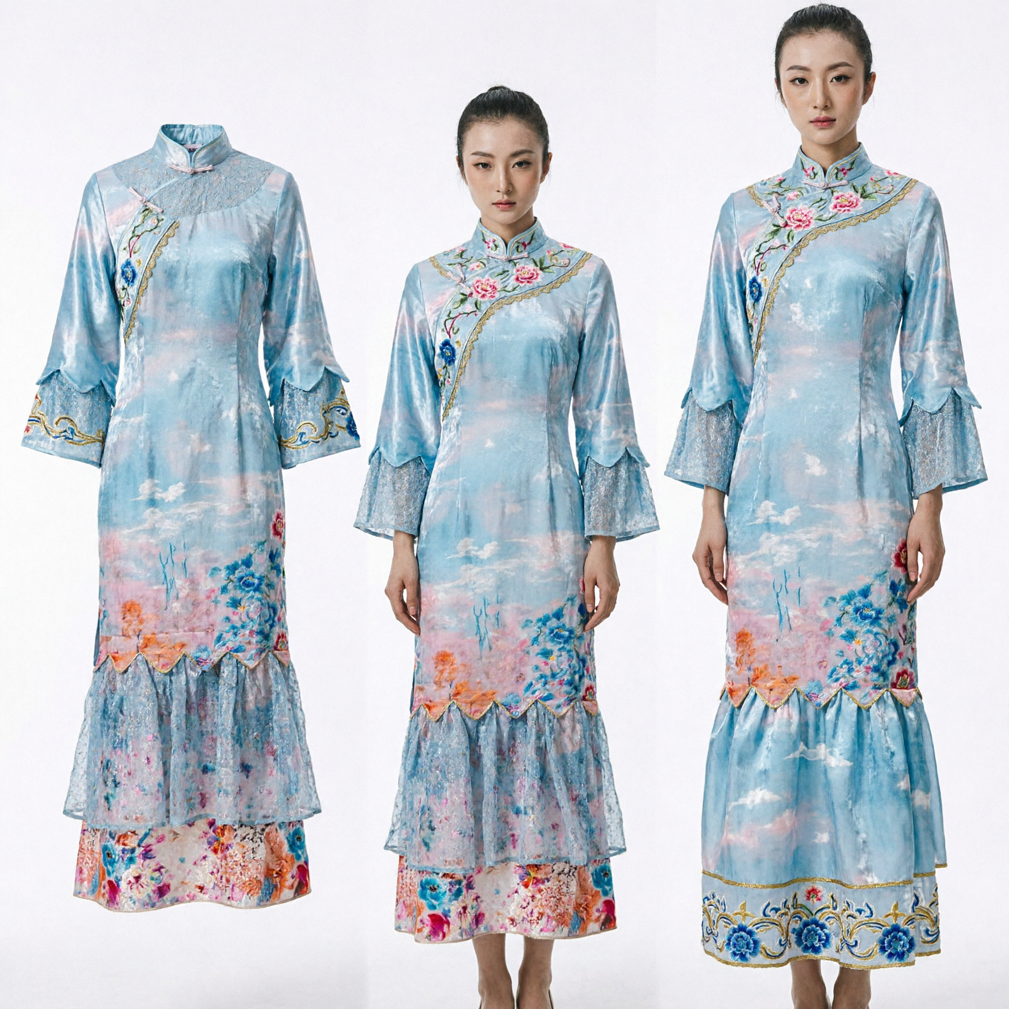 Cheongsam Moderno Tradicional China Vestido Largo de Terciopelo Floral Azul Qipao con Volantes para Mujeres para Actuaciones en Escenario - Asian Costume