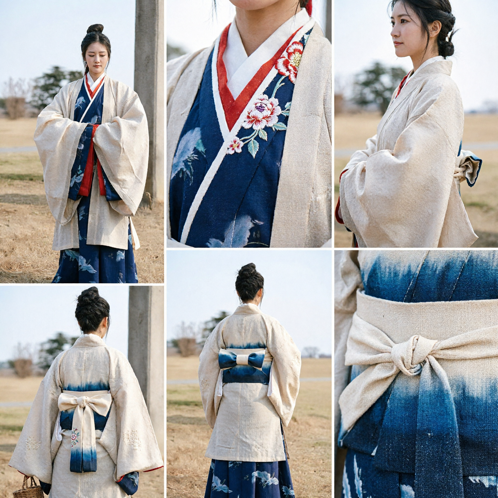 زي الهانفو التقليدي الصيني للنساء: رداء قديم كريمي/بيجي بأكمام واسعة، فستان تاريخي للكوزبلاي - Asian Costume