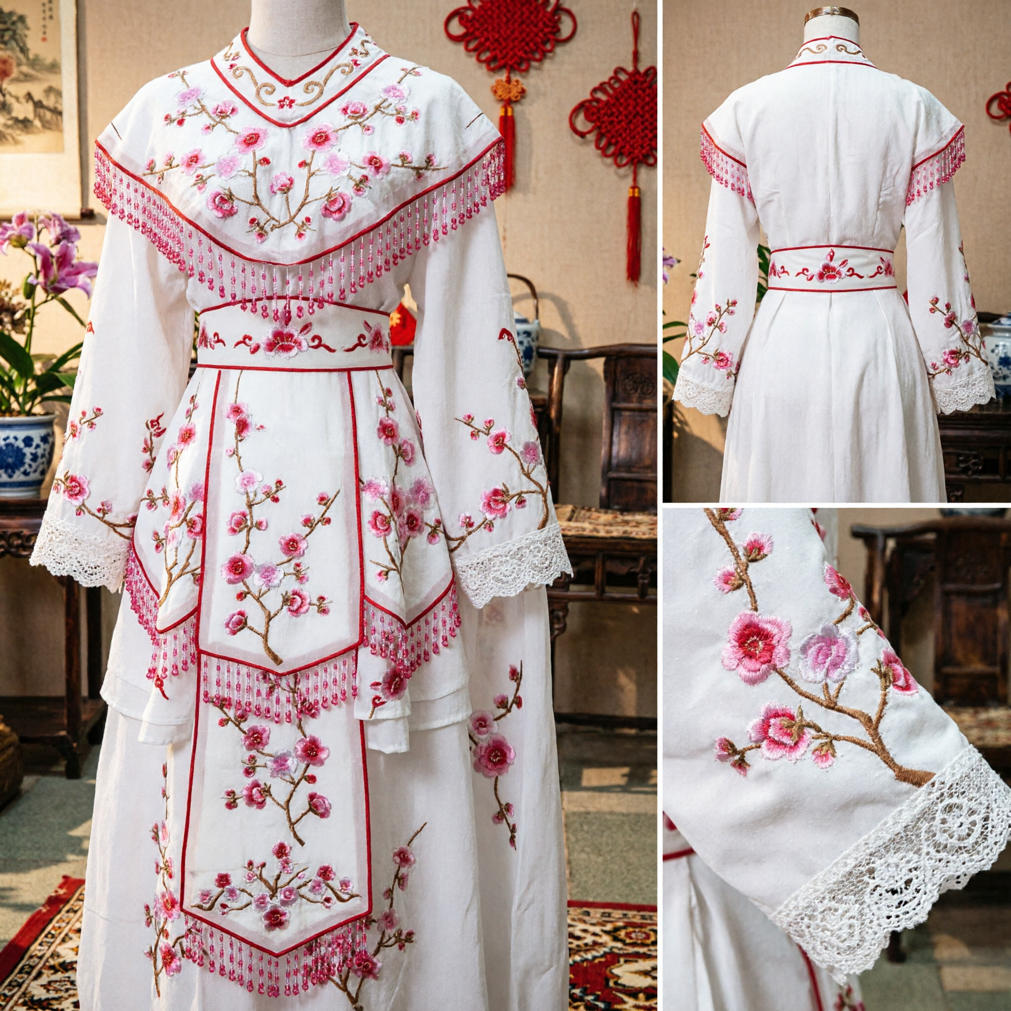 Weißes chinesisches Opernkostüm Pflaumenblüten-Stickerei Wassersärmel-Kleid traditionelle Peking-Oper Auftrittskleidung - Asian Costume