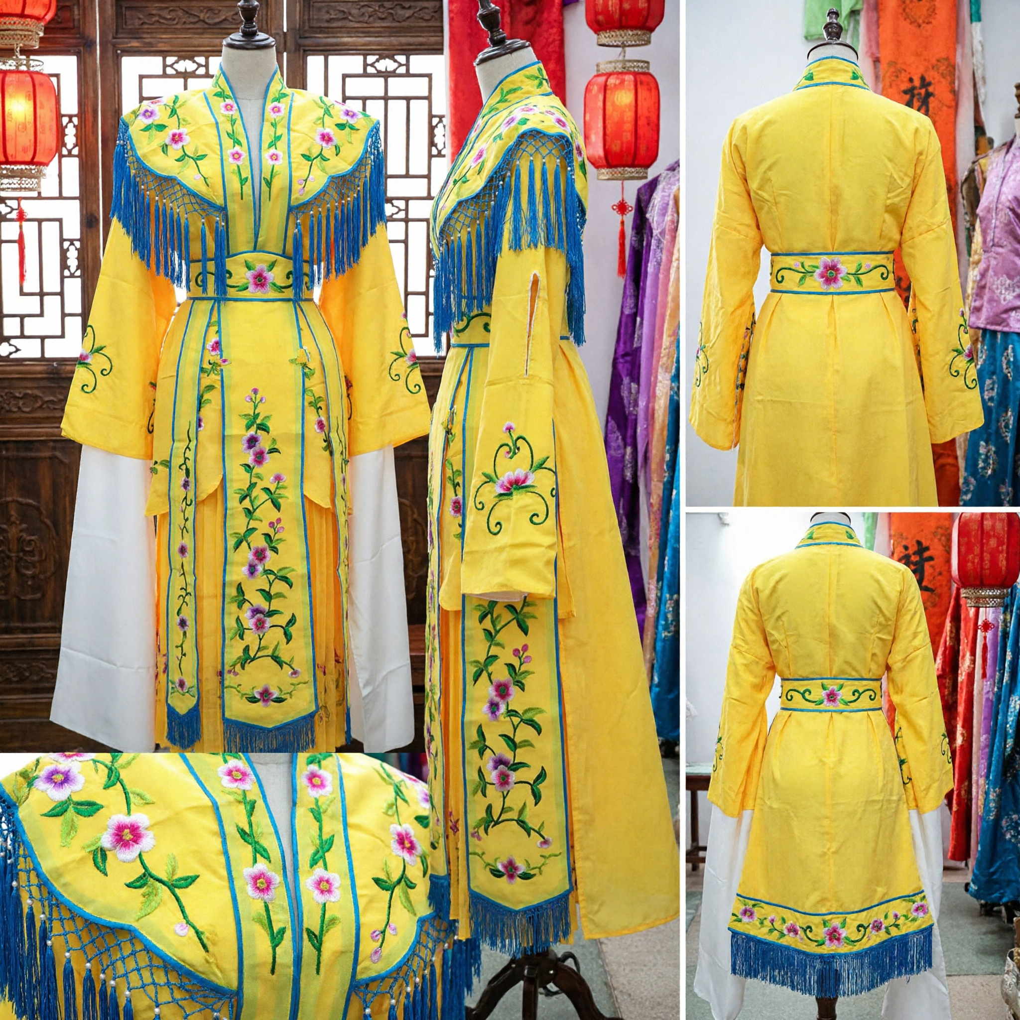 Robe jaune d'opéra de Pékin traditionnel chinois avec broderie florale et manches d'eau pour performance sur scène - Asian Costume