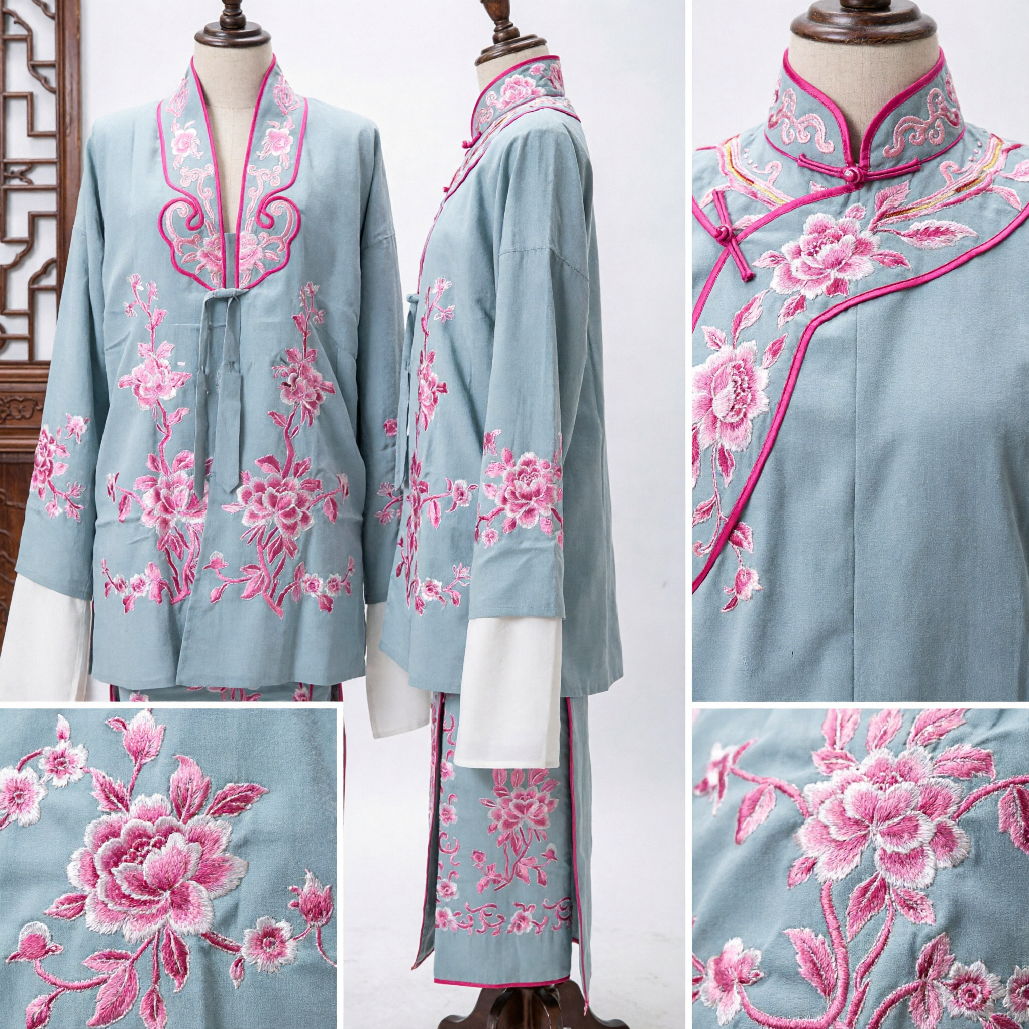 Costume d'opéra de Pékin traditionnel chinois : tenue de performance grise rose à broderie florale et manches d'eau pour adultes - Asian Costume