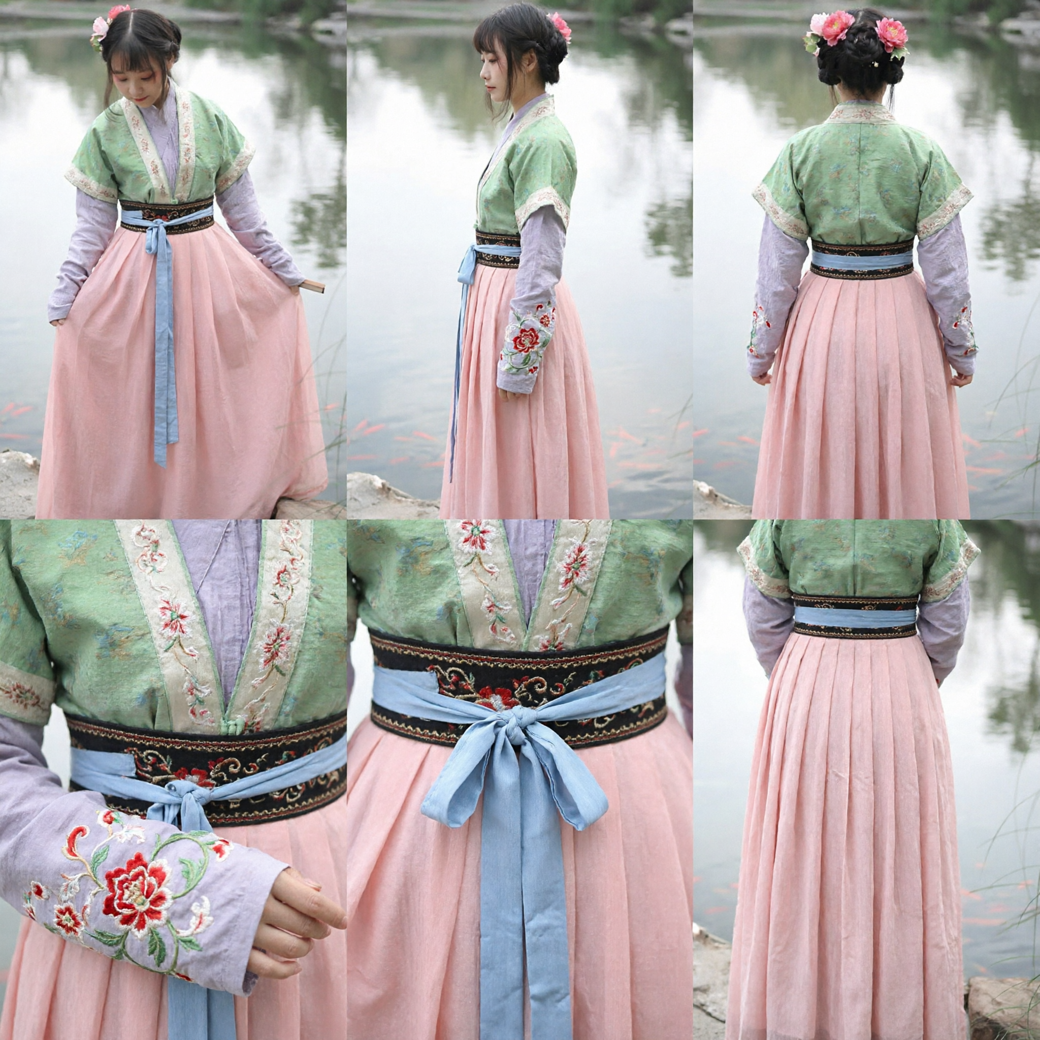 Conjunto de Hanfu Tradicional Chino, Estilo de la Dinastía Ming, Blusa Verde y Falda Rosa para Mujeres - Asian Costume