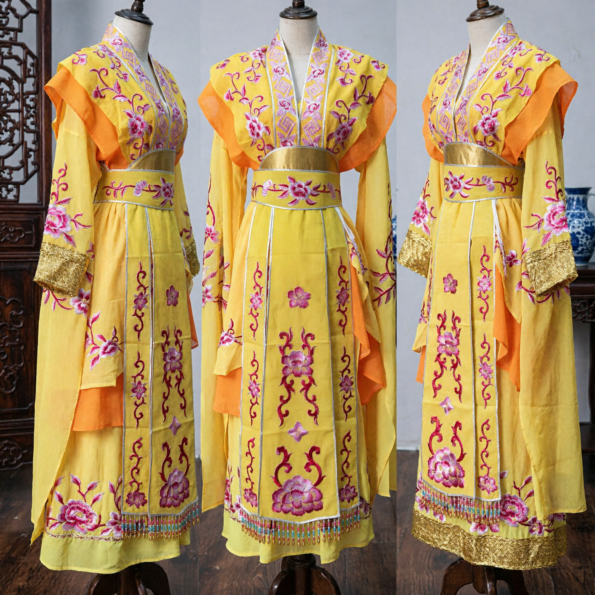Costume tradizionale dell'Opera di Pechino Giallo con Ricamo Floreale per Spettacoli Teatrali e Drammi Antichi - Asian Costume