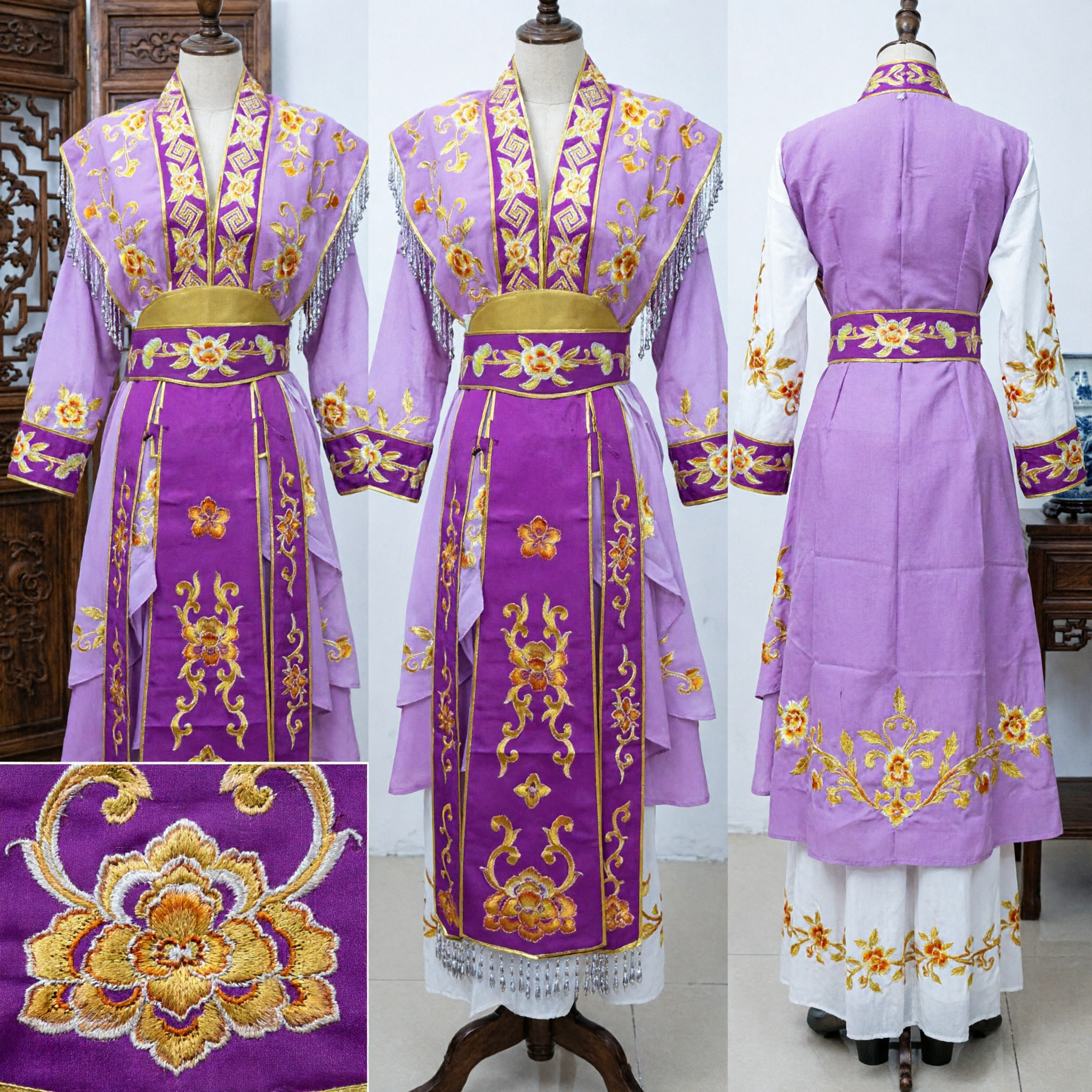 Veste Viola dell'Opera di Pechino tradizionale cinese con Ricamo Floreale Dorato, Costume da Antico Letterato per Uomini - Asian Costume