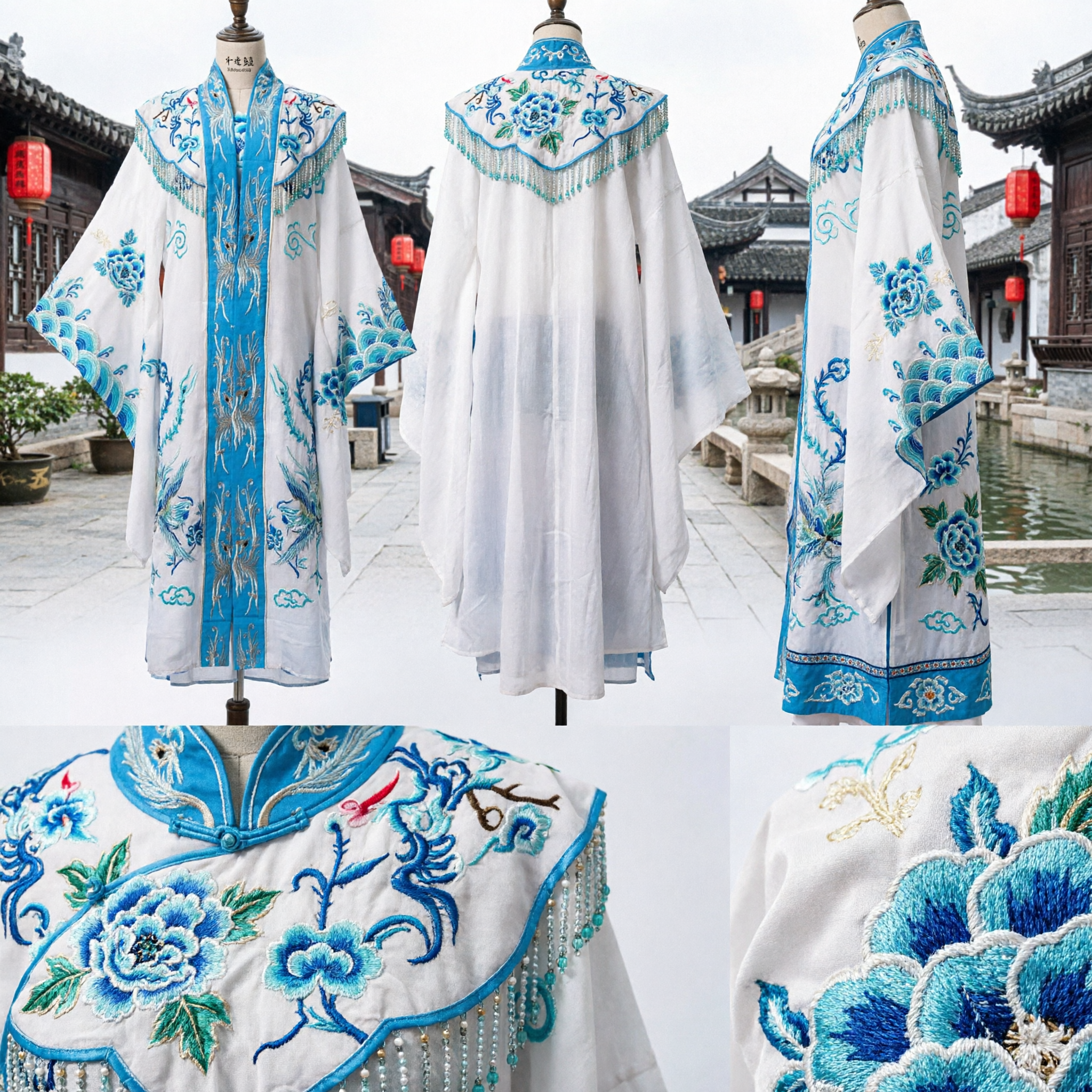 Traditional Chinese Peking Opera Costume Blue Phoenix Embroidery White Robe for Stage Performance and Cosplay - Asian Costume
