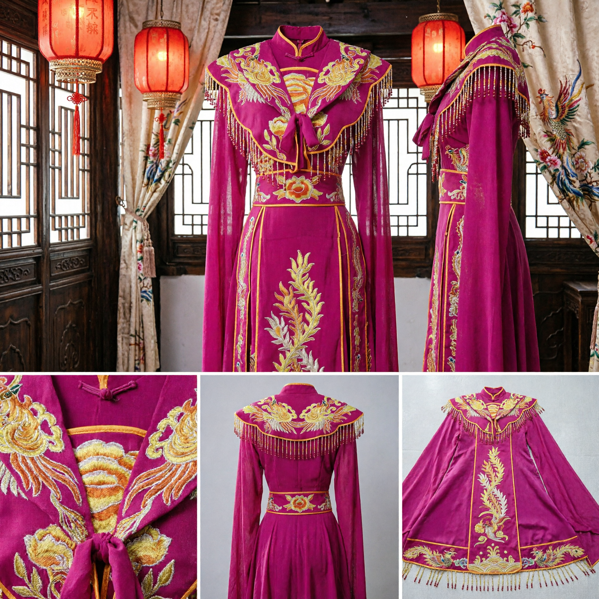 Traditionele Chinese Roze Trouwjurk met Feniks Borduurwerk en Parelmoer Cape Oude Bruidsjapon voor Vrouwen - Asian Costume