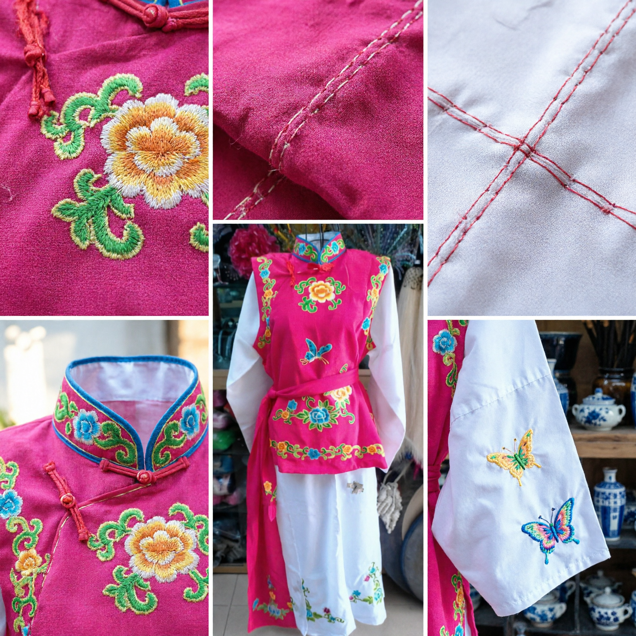 伝統的中国ピンク刺繍ベストとパンツセット 京劇・民俗舞踊公演用 女性用 - Asian Costume