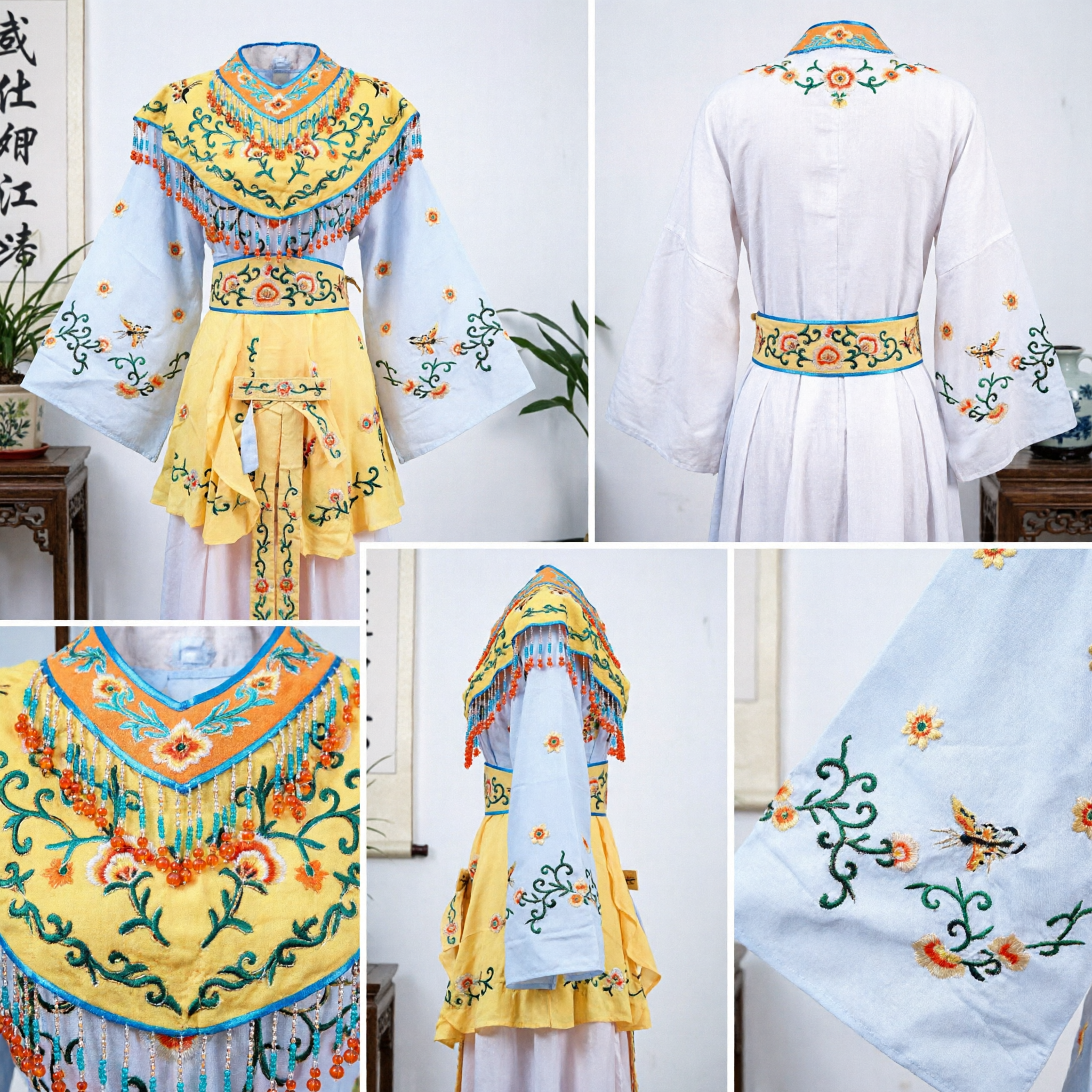 Традиционный китайский костюм пекинской оперы, желтая вышитая накидка, белые рукава, древний женский сценический костюм - Asian Costume