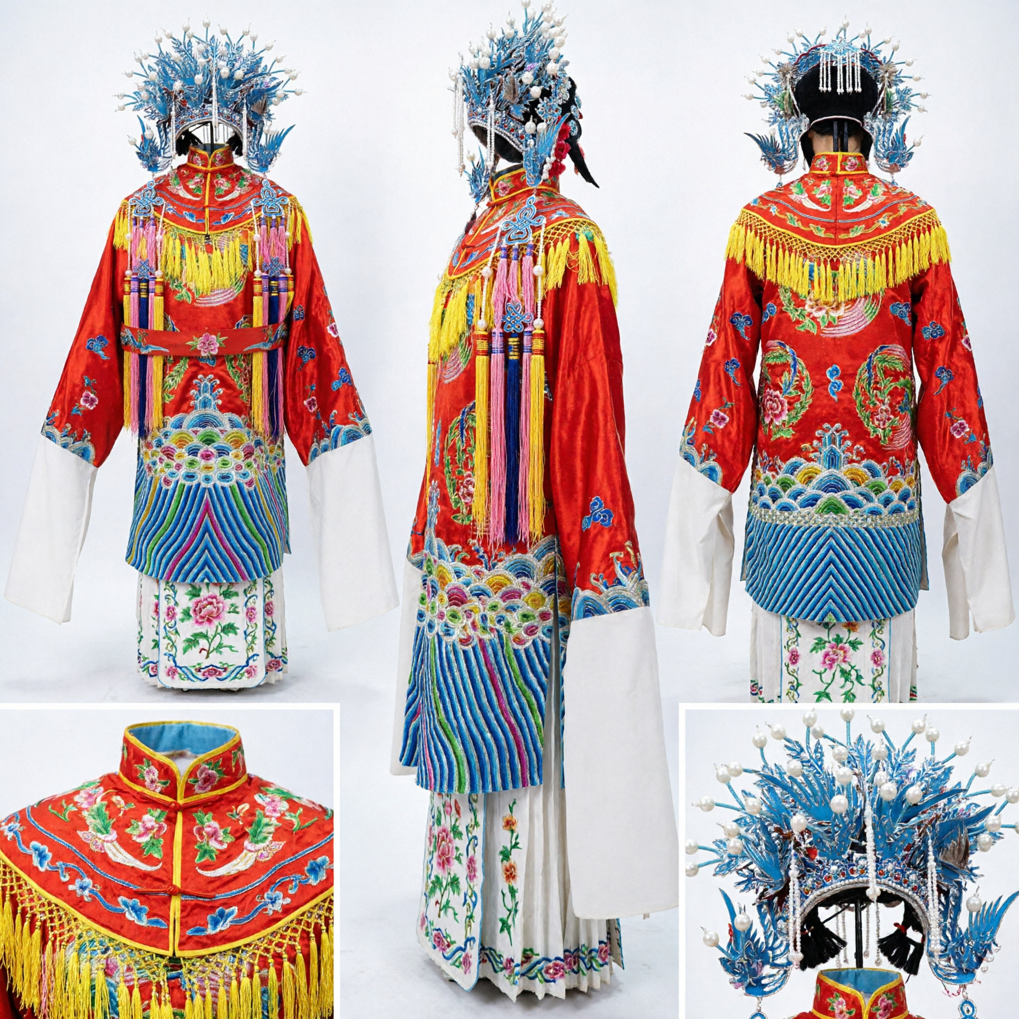 Traditional Chinese Peking Opera Female General Costume Red Embroidered Robe with Blue Phoenix Headdress for Stage Performance - Asian Costume