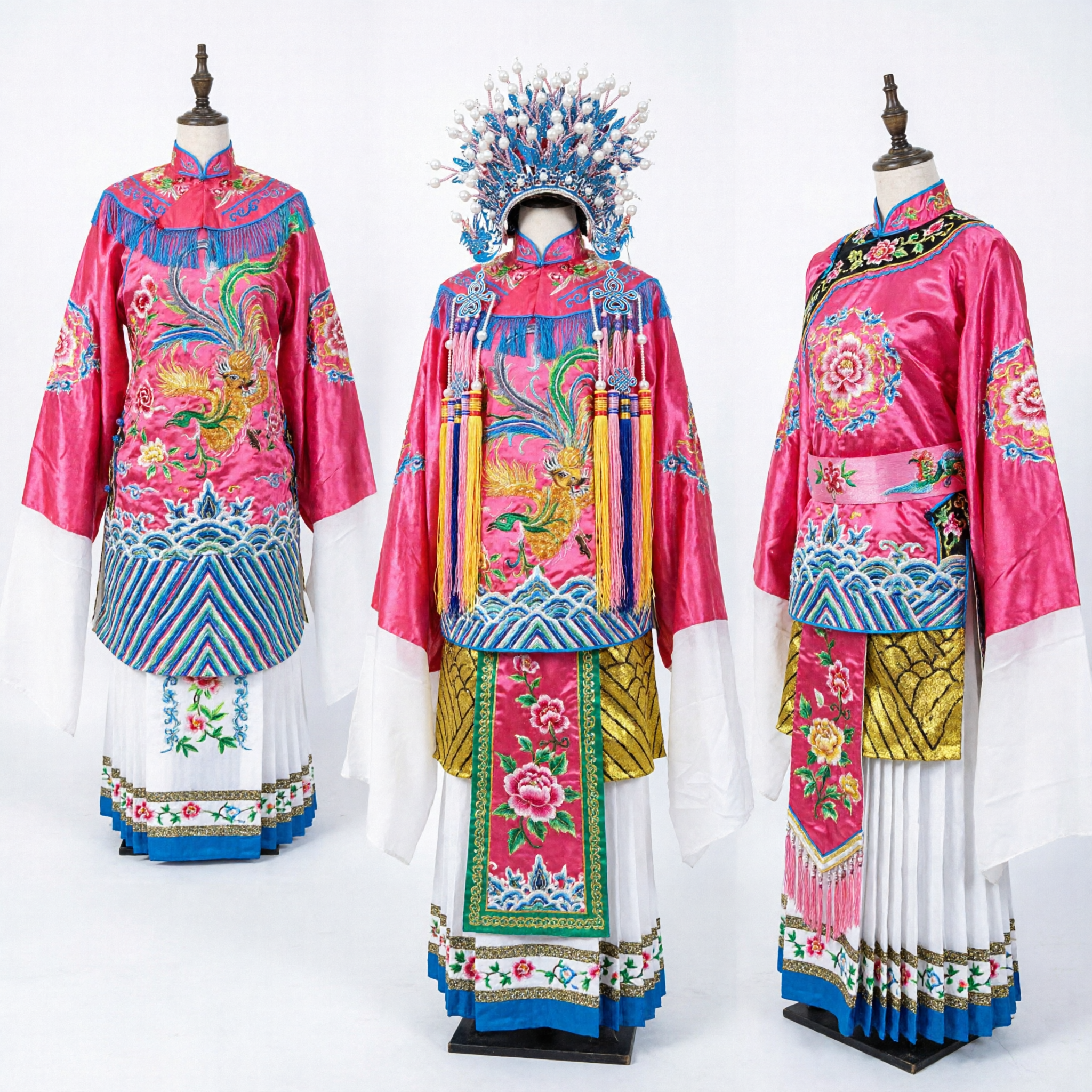 Traditional Chinese Peking Opera Costume Pink Embroidered Phoenix Robe and Headdress Set for Female Performance - Asian Costume