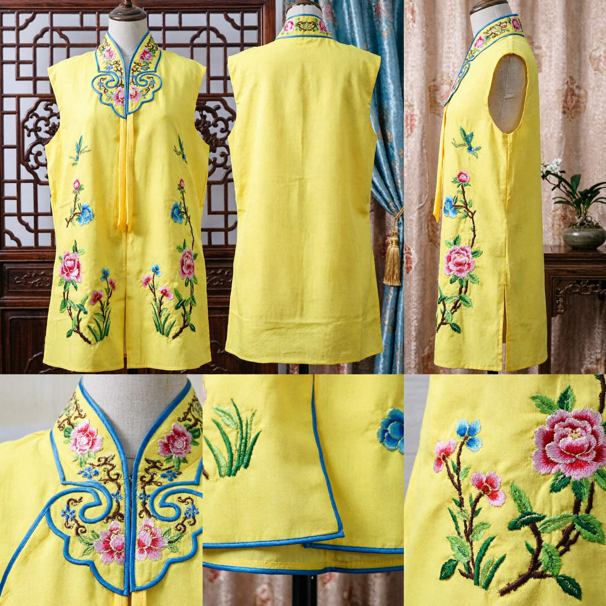 Gilet traditionnel chinois jaune sans manches brodé Costume de l'Opéra de Pékin Veste ancienne à col mandarin pour performance scénique - Asian Costume