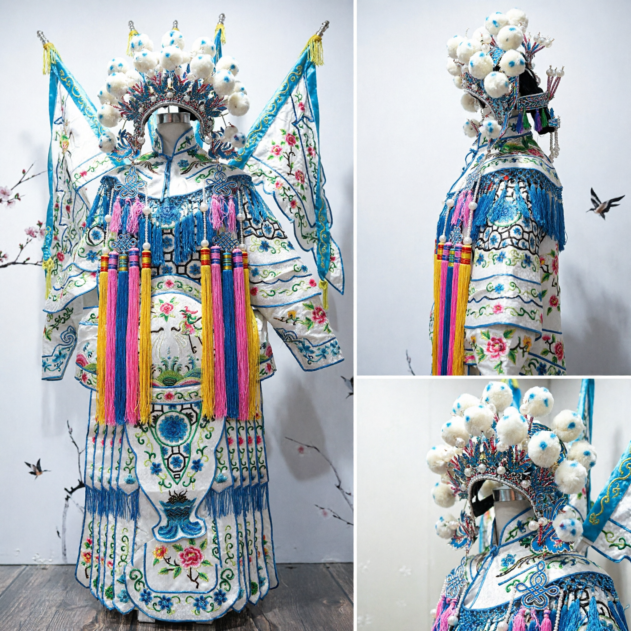 Costume Tradizionale del Generale dell'Opera di Pechino Cinese, Veste Bianca Ricamata con Bandiere Posteriori e Copricapo per Spettacoli - Asian Costume