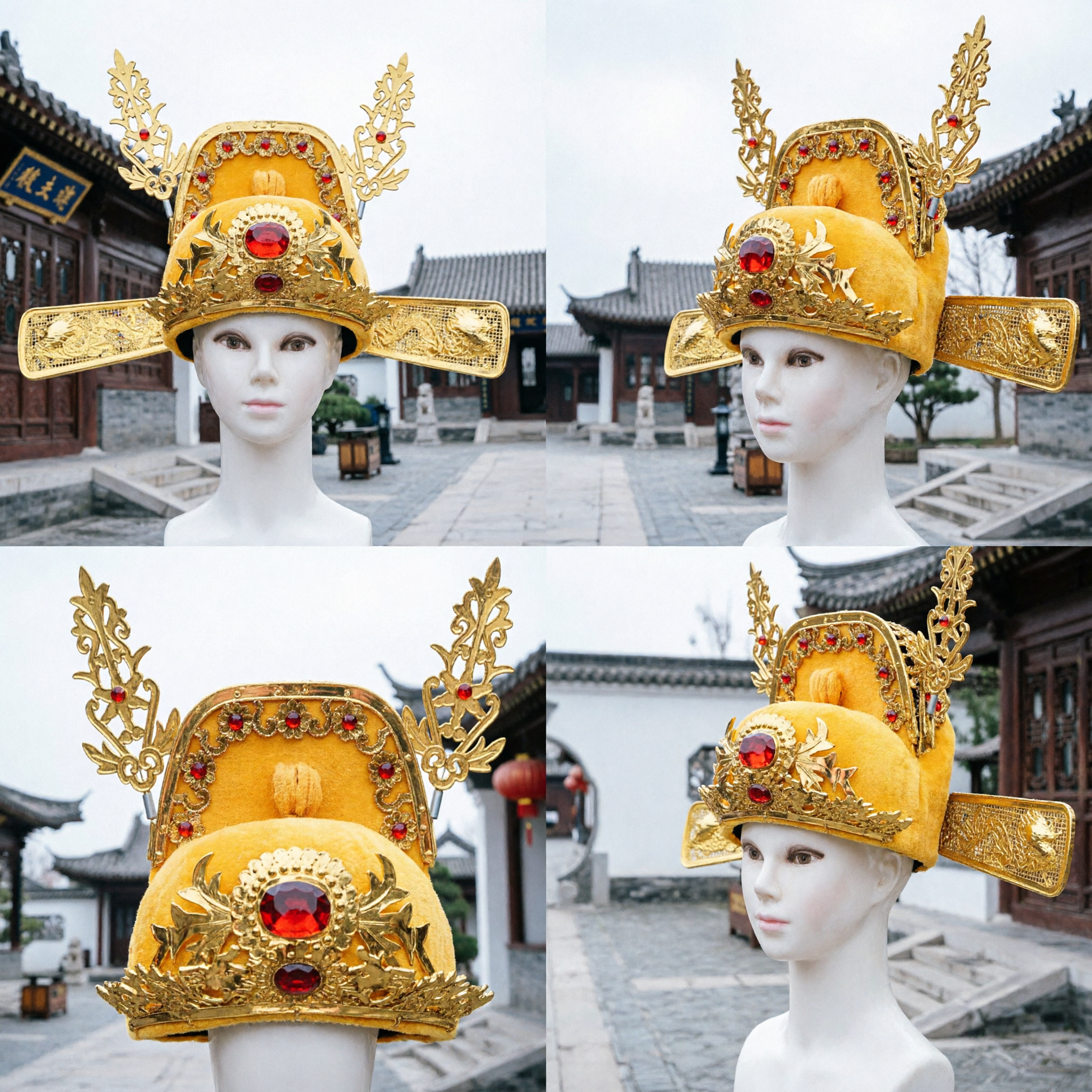 전통 중국 고대 황제 황색 용 관 베이징 오페라 의상 머리장식 남성 공연용 - Asian Costume