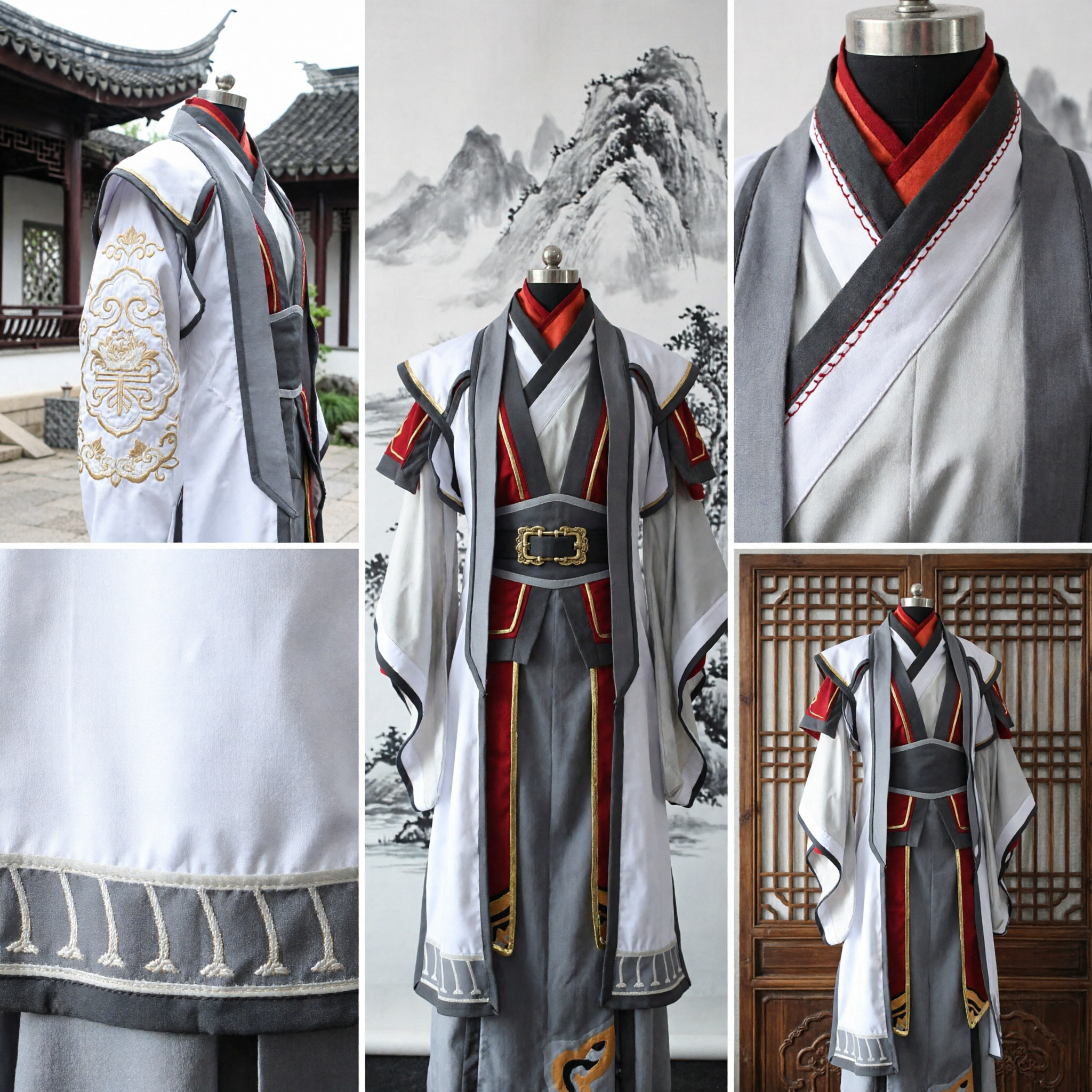 Antieke Chinese zwaardvechter Hanfu kostuum mannen traditionele Wuxia cosplay outfit wit rood gewaad voor optreden - Asian Costume