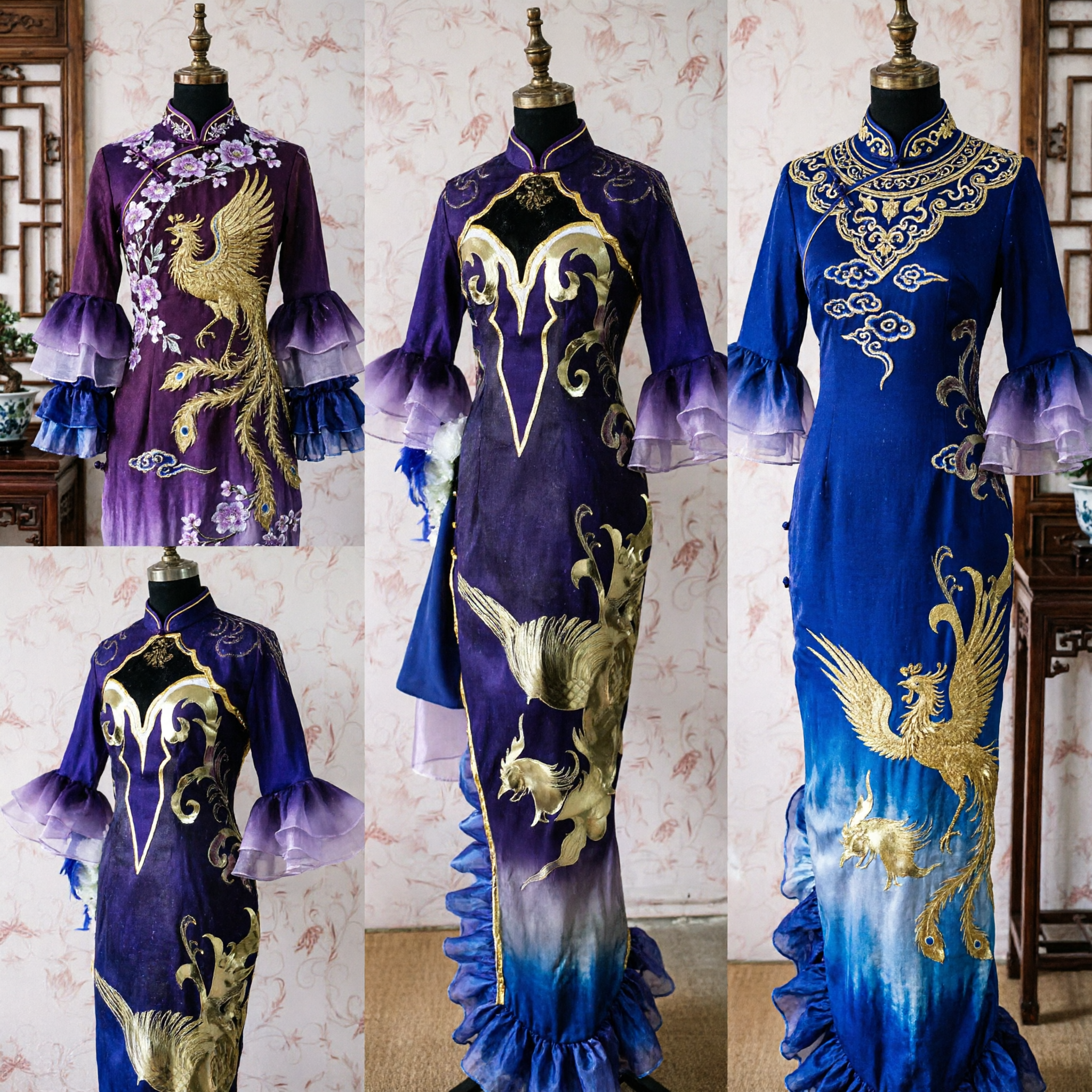 Vestido Cheongsam Chinês Dragão e Fênix Roxo Tradicional Qipao em Gradiente Traje para Mulheres Performance no Palco - Asian Costume