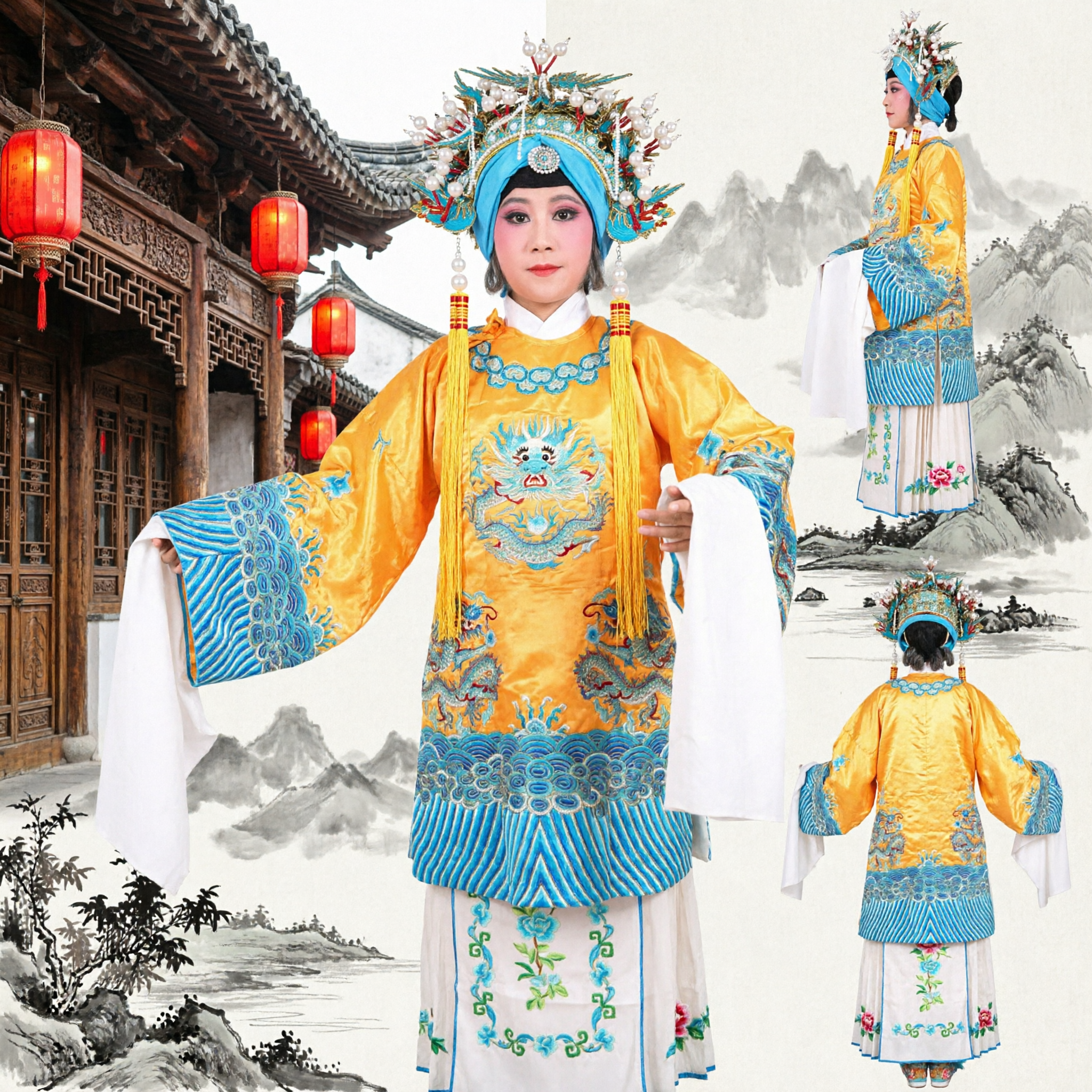 Costume traditionnel de l'Opéra de Pékin chinois Robe de dragon jaune Tenue d'empereur ancien pour performance scénique - Asian Costume