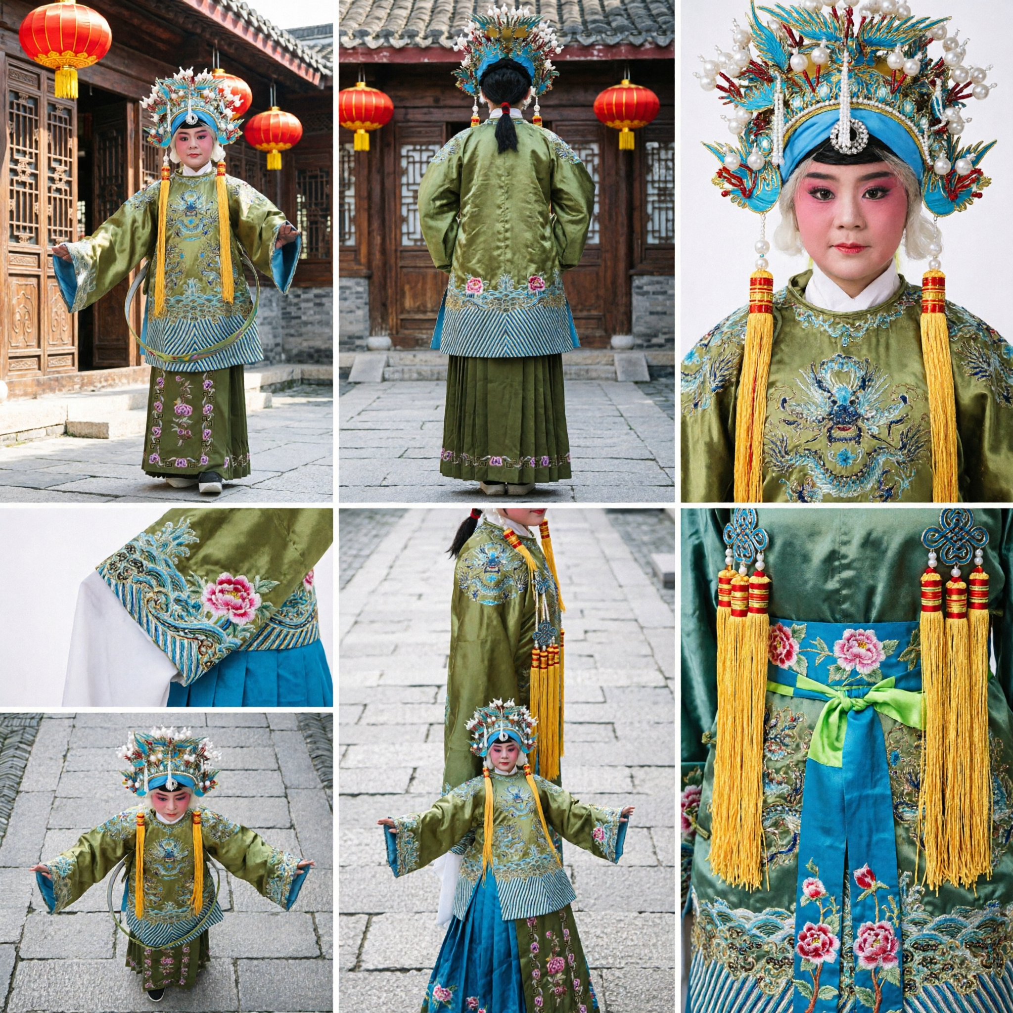 전통 중국 경극 의상 녹색 용 로브 여성 무사 무단 역할 성인 무대 공연용 - Asian Costume