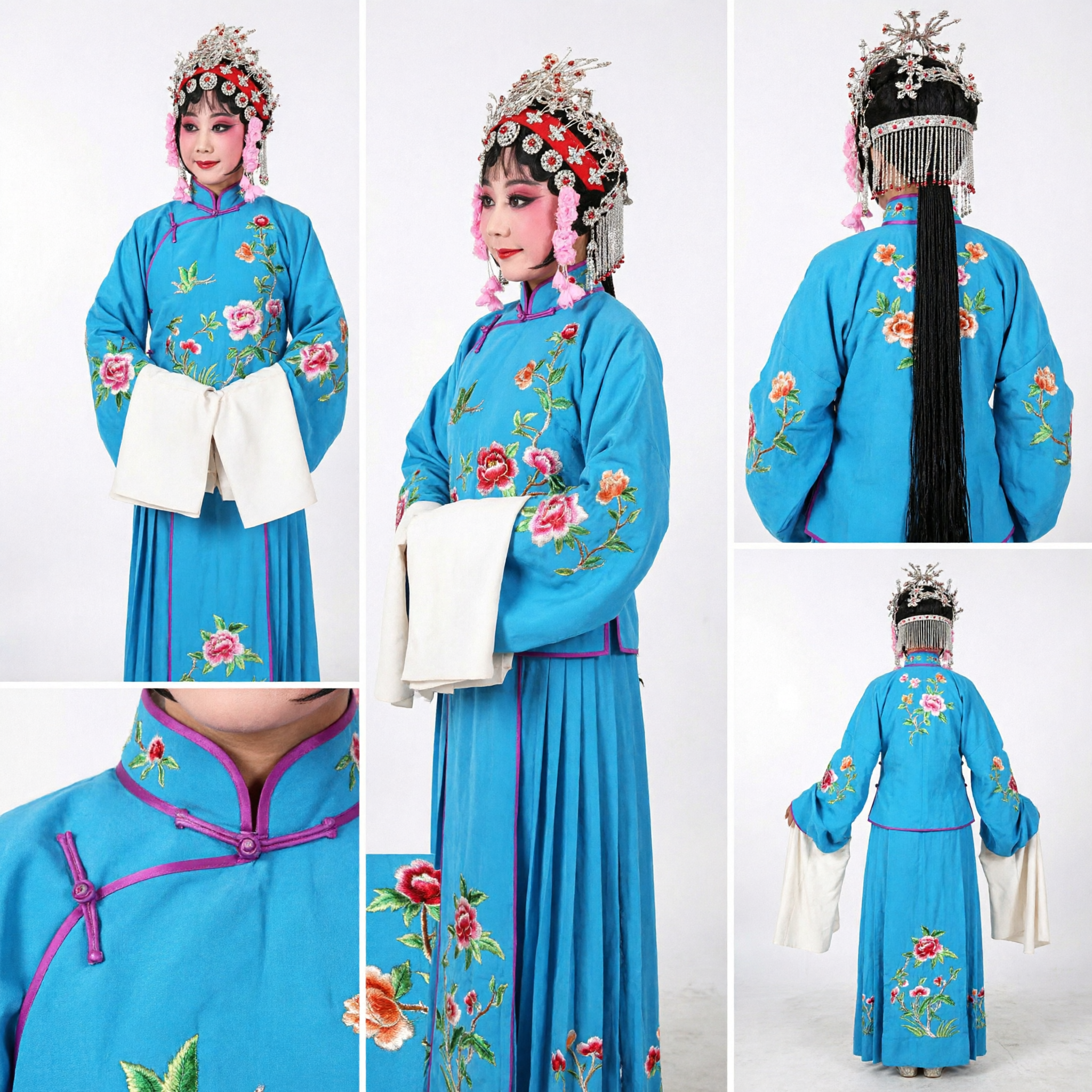 Traditional Chinese Peking Opera Costume Blue Embroidered Female Dan Role Stage Performance Outfit Complete Set - Asian Costume