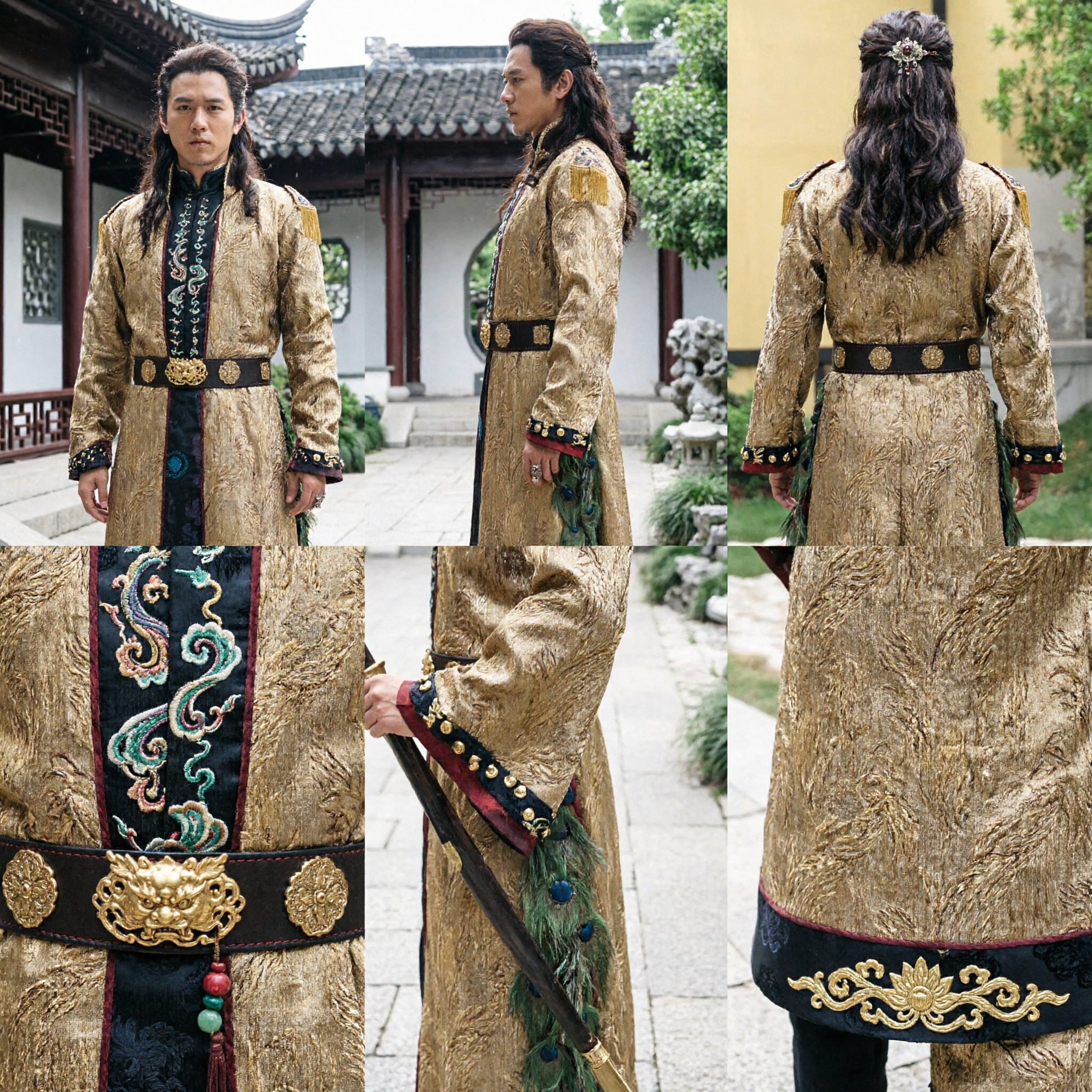 Starożytna złota brokatowa szata chińskiego generała kostium wojownika Wuxia do cosplayu na występy - Asian Costume