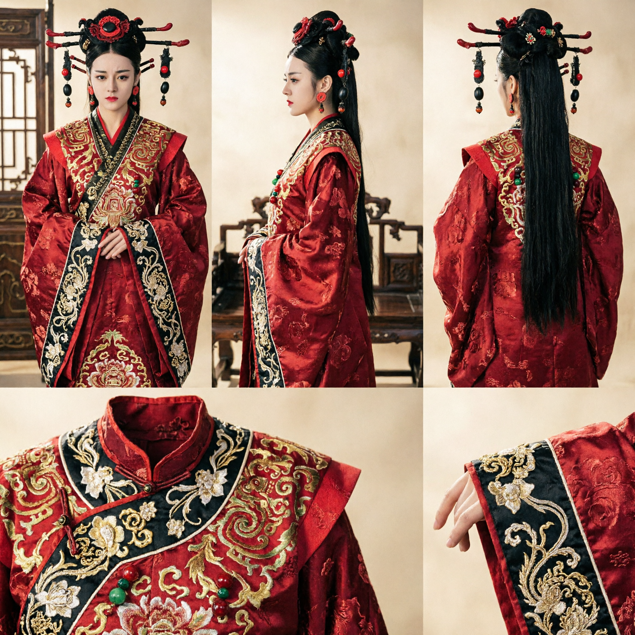 Accessori Capillari Completi Antichi per Imperatrice Cinese Set Parrucca con Ornamenti Rossi per Cosplay Hanfu - Asian Costume